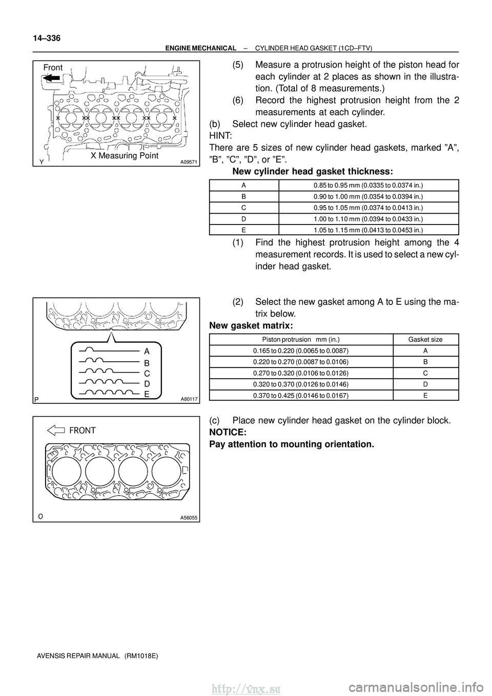 TOYOTA AVENSIS 2003 Service Repair Manual A09571
Front
X Measuring Point
A80117
A
B
C
D
E
A56055
14±336
±
ENGINE MECHANICAL CYLINDER HEAD GASKET (1CD±FTV)
AVENSIS REPAIR MANUAL (RM1018E)
(5) Measure a protrusion height of the piston head TOYOTA AVENSIS 2003 Service Repair Manual A09571
Front
X Measuring Point
A80117
A
B
C
D
E
A56055
14±336
±
ENGINE MECHANICAL CYLINDER HEAD GASKET (1CD±FTV)
AVENSIS REPAIR MANUAL (RM1018E)
(5) Measure a protrusion height of the piston head
