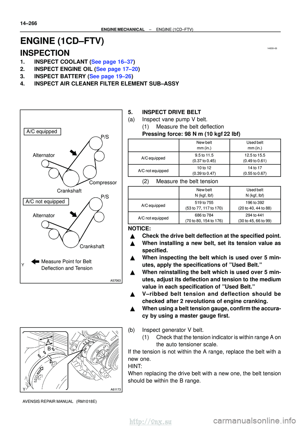 TOYOTA AVENSIS 2003 Service Repair Manual 140DD±03
A57063
Measure Point for Belt
Deflection and Tension
Alternator
Crankshaft Compressor
P/S P/S
Alternator Crankshaft
A/C equipped
A/C not equipped
A61173
B
A
14±266
±
ENGINE MECHANICALENGI TOYOTA AVENSIS 2003 Service Repair Manual 140DD±03
A57063
Measure Point for Belt
Deflection and Tension
Alternator
Crankshaft Compressor
P/S P/S
Alternator Crankshaft
A/C equipped
A/C not equipped
A61173
B
A
14±266
±
ENGINE MECHANICALENGI
