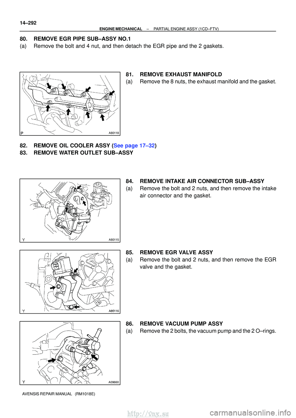 TOYOTA AVENSIS 2003  Service Repair Manual A80118
A80115
A80116
A09660
14±292
±
ENGINE MECHANICALPARTIAL ENGINE ASSY(1CD±FTV)
AVENSIS REPAIR MANUAL   (RM1018E)
80.REMOVE EGR PIPE SUB±ASSY NO.1
(a)Remove the bolt and 4 nut, and then detach 