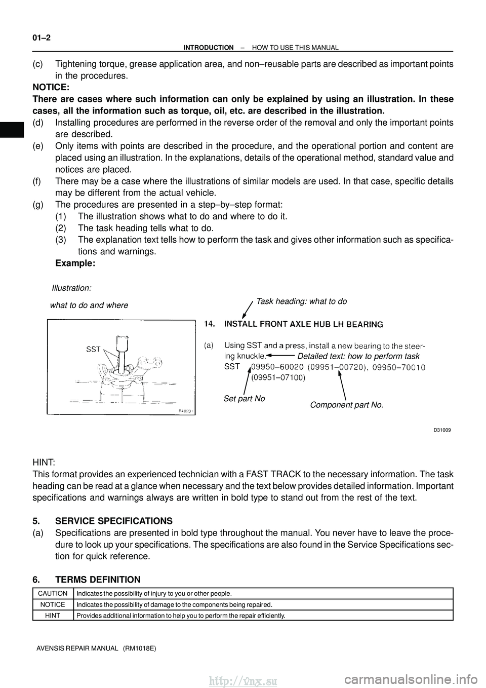 TOYOTA AVENSIS 2003 Service Repair Manual Illustration:what to do and where
Component part No.
Detailed text: how to perform task
Task heading: what to do
Set part No
D31009
01±2
±
INTRODUCTION HOW TO USE THIS MANUAL
AVENSIS REPAIR MANUAL TOYOTA AVENSIS 2003 Service Repair Manual Illustration:what to do and where
Component part No.
Detailed text: how to perform task
Task heading: what to do
Set part No
D31009
01±2
±
INTRODUCTION HOW TO USE THIS MANUAL
AVENSIS REPAIR MANUAL