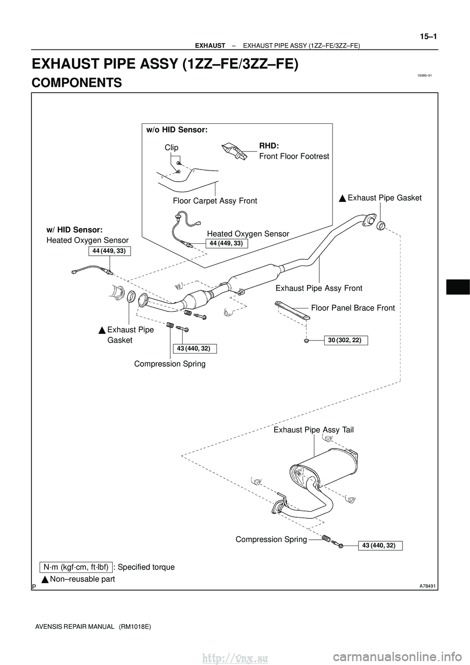 TOYOTA AVENSIS 2003  Service Repair Manual 1509S±01
A78491 Non±reusable part
N´m (kgf´cm, ft´lbf) : Specified torque Exhaust Pipe Assy Front
Compression Spring Floor Panel Brace Front

 Exhaust Pipe 
    Gasket
43 (440, 32)
  Exhaust P