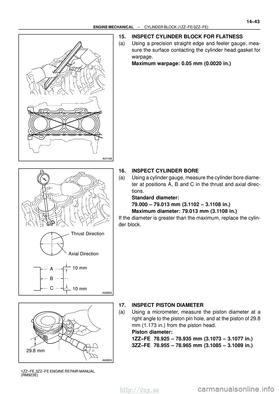 TOYOTA AVENSIS 2003 Service Repair Manual A01169
A62802
Thrust Direction
Axial Direction
A
B 10 mm 10 mm
C
A62803
29.8 mm
±
ENGINE MECHANICAL CYLINDER BLOCK (1ZZ±FE/3ZZ±FE)
14±43
1ZZ±FE,3ZZ±FE ENGINE REPAIR MANUAL
(RM923E)
15. INSPECT C TOYOTA AVENSIS 2003 Service Repair Manual A01169
A62802
Thrust Direction
Axial Direction
A
B 10 mm 10 mm
C
A62803
29.8 mm
±
ENGINE MECHANICAL CYLINDER BLOCK (1ZZ±FE/3ZZ±FE)
14±43
1ZZ±FE,3ZZ±FE ENGINE REPAIR MANUAL
(RM923E)
15. INSPECT C