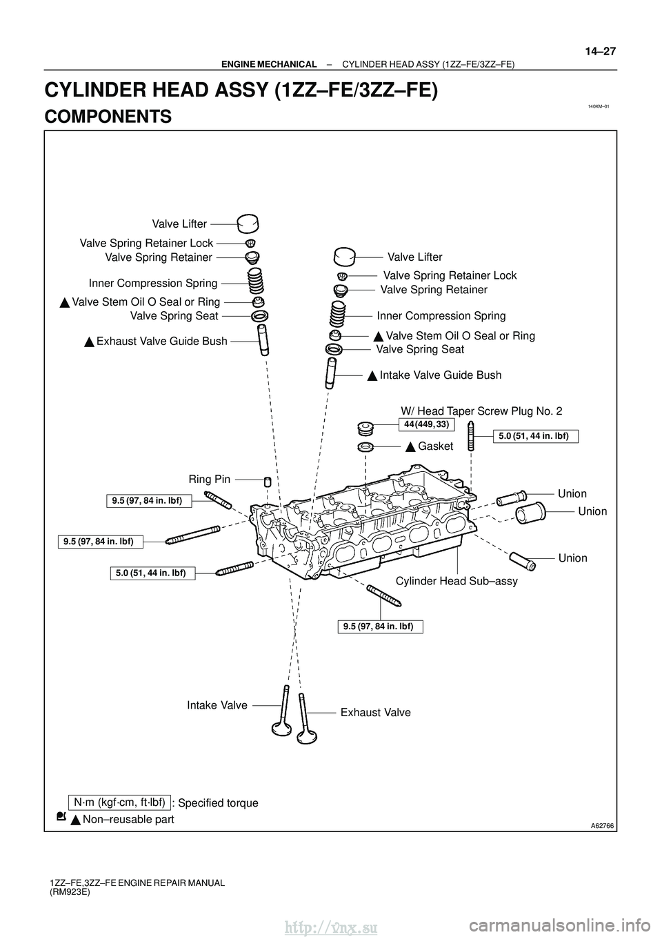 TOYOTA AVENSIS 2003  Service Repair Manual 140KM±01
A62766
Valve Lifter
Valve Spring Retainer Lock Valve Spring Retainer
Inner Compression Spring
  Valve Stem Oil O Seal or Ring
Valve Spring Seat
  Exhaust Valve Guide Bush
W/ Head Taper Scr
