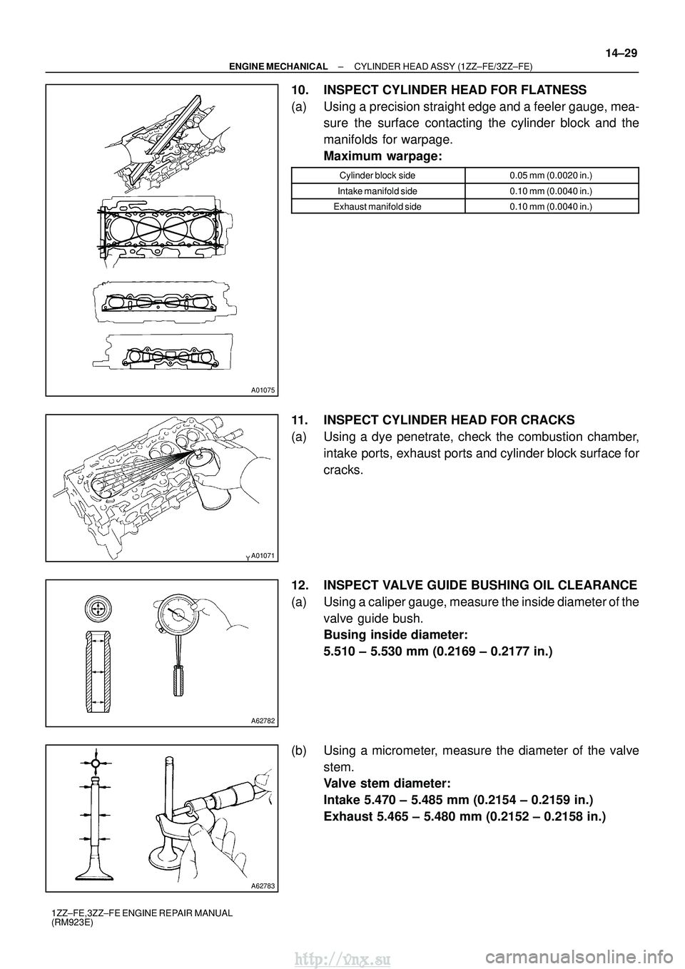 TOYOTA AVENSIS 2003 Service Repair Manual A01075
A01071
A62782
A62783
±
ENGINE MECHANICAL CYLINDER HEAD ASSY (1ZZ±FE/3ZZ±FE)
14±29
1ZZ±FE,3ZZ±FE ENGINE REPAIR MANUAL
(RM923E)
10. INSPECT CYLINDER HEAD FOR FLATNESS
(a) Using a precision TOYOTA AVENSIS 2003 Service Repair Manual A01075
A01071
A62782
A62783
±
ENGINE MECHANICAL CYLINDER HEAD ASSY (1ZZ±FE/3ZZ±FE)
14±29
1ZZ±FE,3ZZ±FE ENGINE REPAIR MANUAL
(RM923E)
10. INSPECT CYLINDER HEAD FOR FLATNESS
(a) Using a precision