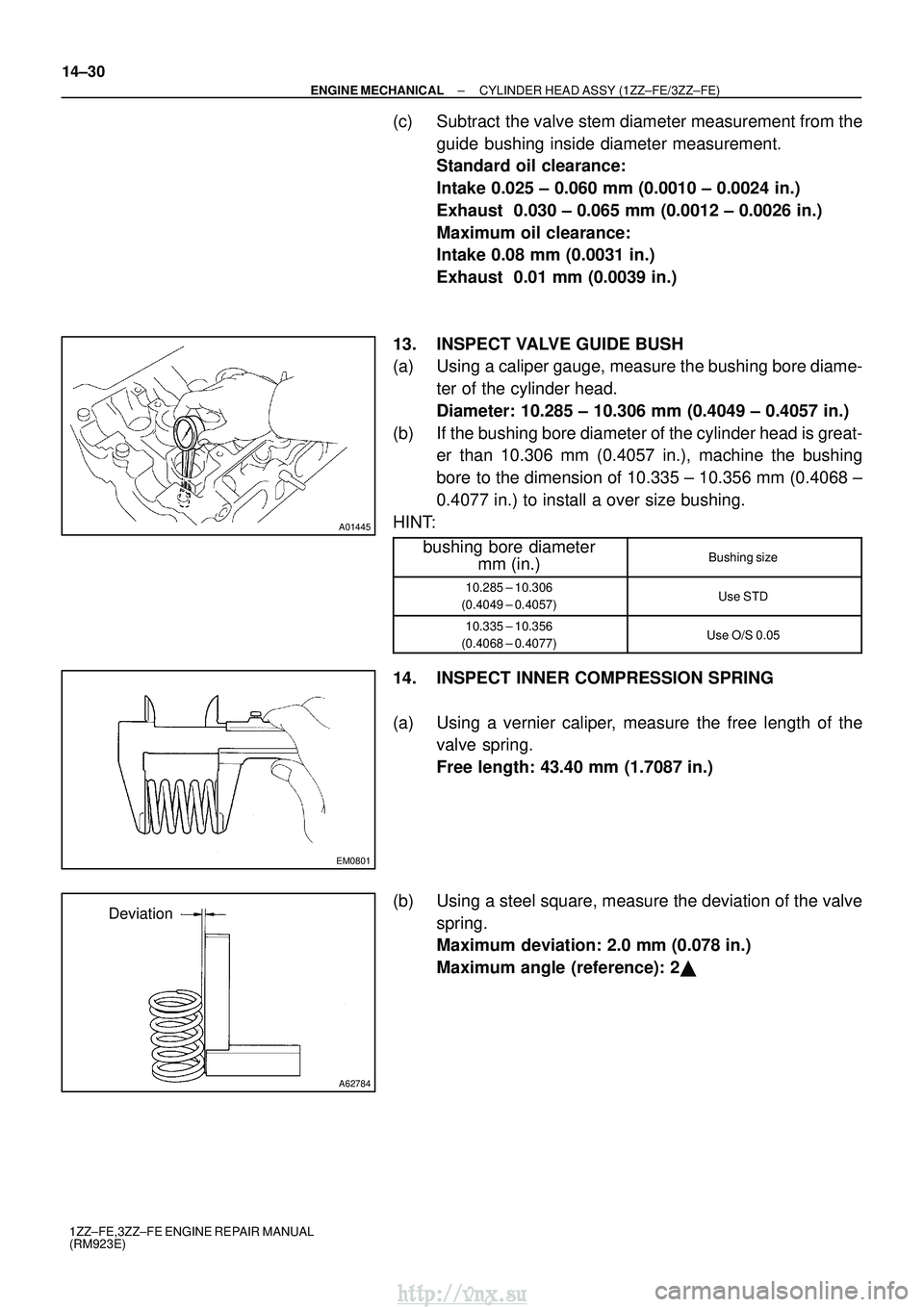 TOYOTA AVENSIS 2003 Service Repair Manual A01445
EM0801
A62784
Deviation
14±30
±
ENGINE MECHANICAL CYLINDER HEAD ASSY (1ZZ±FE/3ZZ±FE)
1ZZ±FE,3ZZ±FE ENGINE REPAIR MANUAL
(RM923E)
(c) Subtract the valve stem diameter measurement from the TOYOTA AVENSIS 2003 Service Repair Manual A01445
EM0801
A62784
Deviation
14±30
±
ENGINE MECHANICAL CYLINDER HEAD ASSY (1ZZ±FE/3ZZ±FE)
1ZZ±FE,3ZZ±FE ENGINE REPAIR MANUAL
(RM923E)
(c) Subtract the valve stem diameter measurement from the