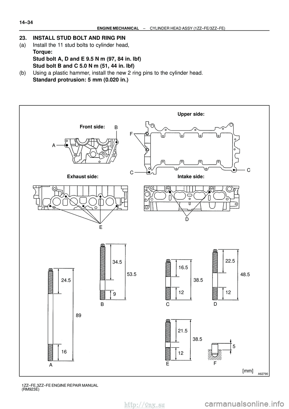 TOYOTA AVENSIS 2003  Service Repair Manual A62790
AB
F
D
C
E
24.5
A B
D
E C F
16 89 34.5
9 53.5
16.5
1238.5 22.5
12
48.5
5
38.5
21.5
12
[mm]C
Front side:
Exhaust side: Intake side:
Upper side:
14±34
±
ENGINE MECHANICAL CYLINDER HEAD ASSY (1Z