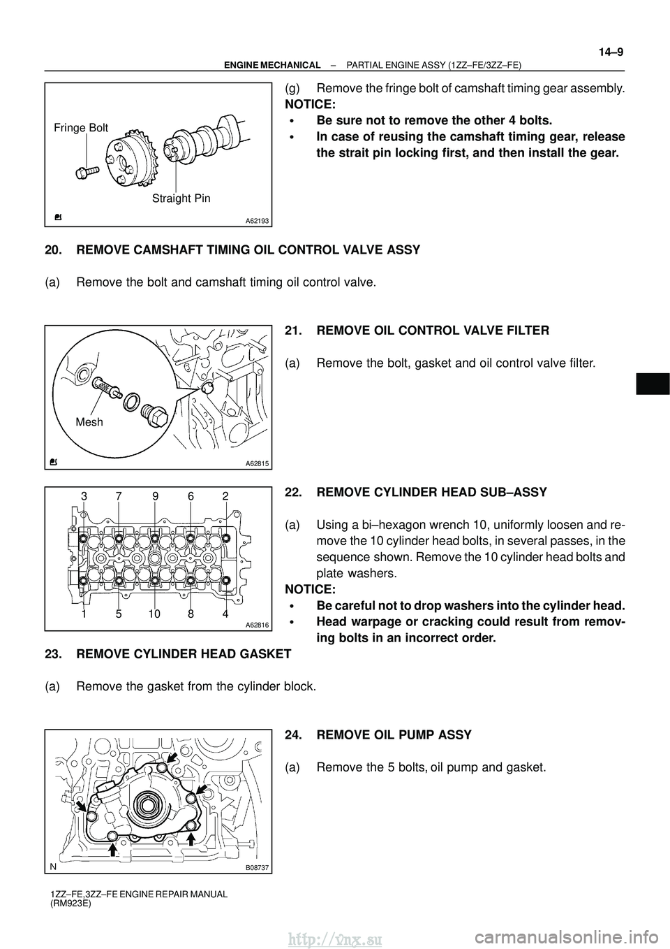 TOYOTA AVENSIS 2003 Service Repair Manual A62193
Straight Pin
Fringe Bolt
A62815
Mesh
A62816
37 9 62
481051
B08737
±
ENGINE MECHANICAL PARTIAL ENGINE ASSY (1ZZ±FE/3ZZ±FE)
14±9
1ZZ±FE,3ZZ±FE ENGINE REPAIR MANUAL
(RM923E)
(g) Remove the f TOYOTA AVENSIS 2003 Service Repair Manual A62193
Straight Pin
Fringe Bolt
A62815
Mesh
A62816
37 9 62
481051
B08737
±
ENGINE MECHANICAL PARTIAL ENGINE ASSY (1ZZ±FE/3ZZ±FE)
14±9
1ZZ±FE,3ZZ±FE ENGINE REPAIR MANUAL
(RM923E)
(g) Remove the f
