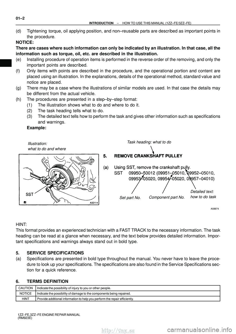 TOYOTA AVENSIS 2003 Service Repair Manual Illustration:what to do and where Task heading: what to do
Detailed text:how to do task
Set part No. Component part No.
A59974
01±2
±
INTRODUCTION HOW TO USE THIS MANUAL (1ZZ±FE/3ZZ±FE)
1ZZ±FE,3Z TOYOTA AVENSIS 2003 Service Repair Manual Illustration:what to do and where Task heading: what to do
Detailed text:how to do task
Set part No. Component part No.
A59974
01±2
±
INTRODUCTION HOW TO USE THIS MANUAL (1ZZ±FE/3ZZ±FE)
1ZZ±FE,3Z