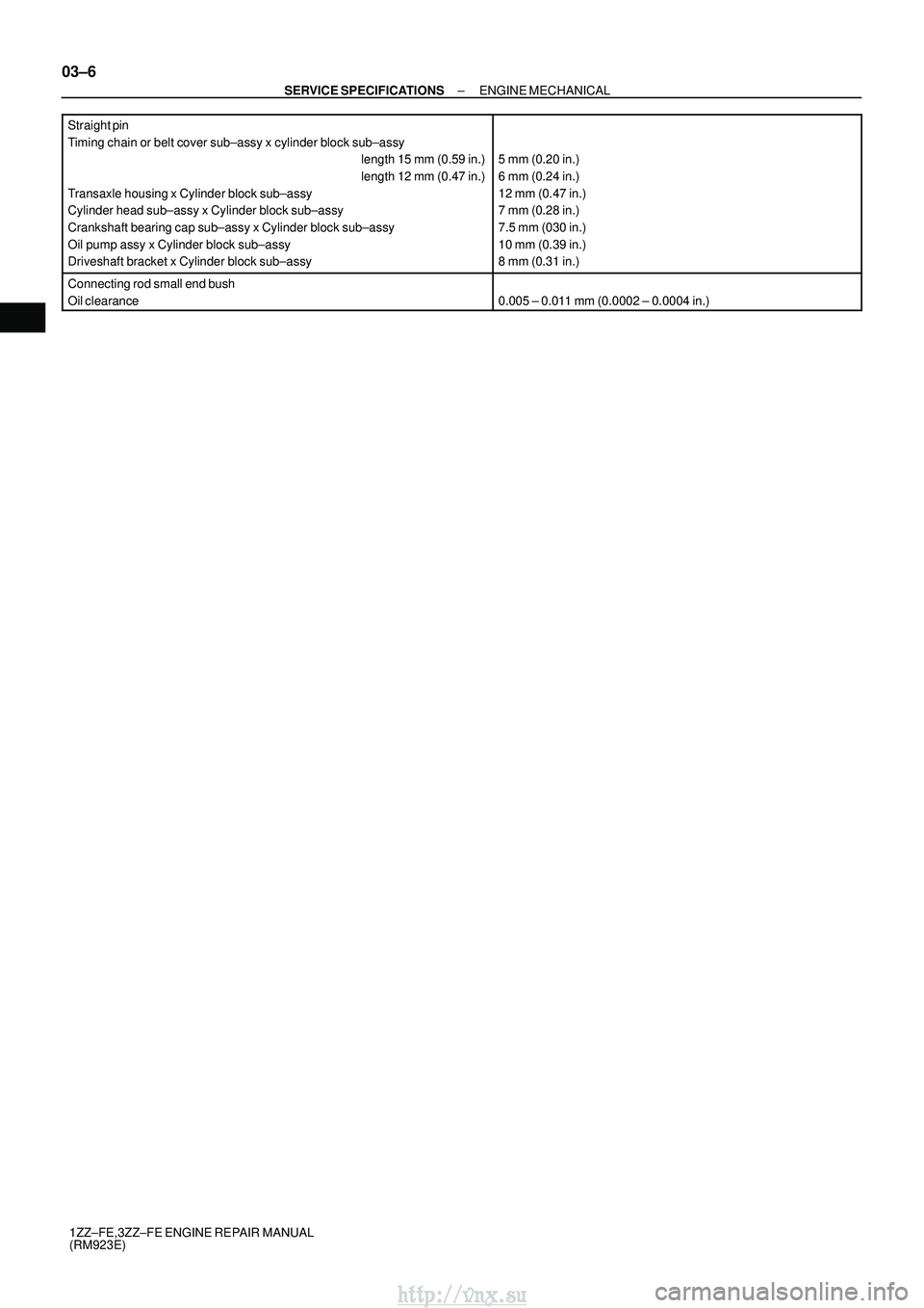 TOYOTA AVENSIS 2003  Service Repair Manual 03±6
±
SERVICE SPECIFICATIONS ENGINE MECHANICAL
1ZZ±FE,3ZZ±FE ENGINE REPAIR MANUAL
(RM923E)
Straight pin
Timing chain or belt cover sub±assy x cylinder block sub±assy
length 15 mm (0.59 in.)
len