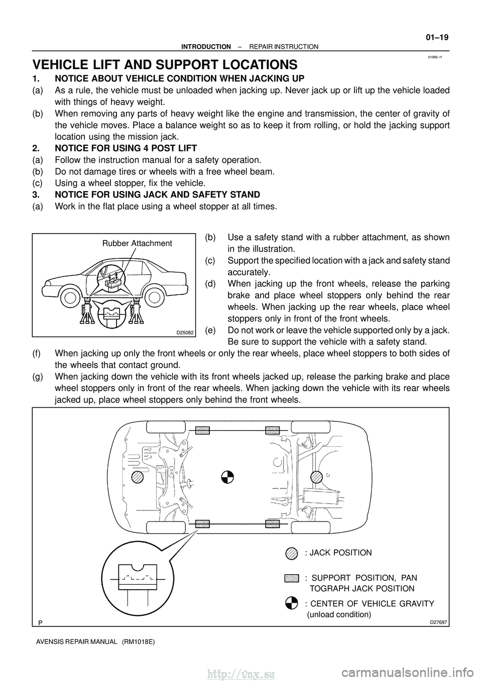 TOYOTA AVENSIS 2003 Service Repair Manual 010B5±11
D25082
Rubber Attachment
D27697
: SUPPORT POSITION, PAN
TOGRAPH JACK POSITION
: CENTER OF VEHICLE GRAVITY
(unload condition)
: JACK POSITION
±
INTRODUCTION REPAIR INSTRUCTION
01±19
AV TOYOTA AVENSIS 2003 Service Repair Manual 010B5±11
D25082
Rubber Attachment
D27697
: SUPPORT POSITION, PAN
TOGRAPH JACK POSITION
: CENTER OF VEHICLE GRAVITY
(unload condition)
: JACK POSITION
±
INTRODUCTION REPAIR INSTRUCTION
01±19
AV