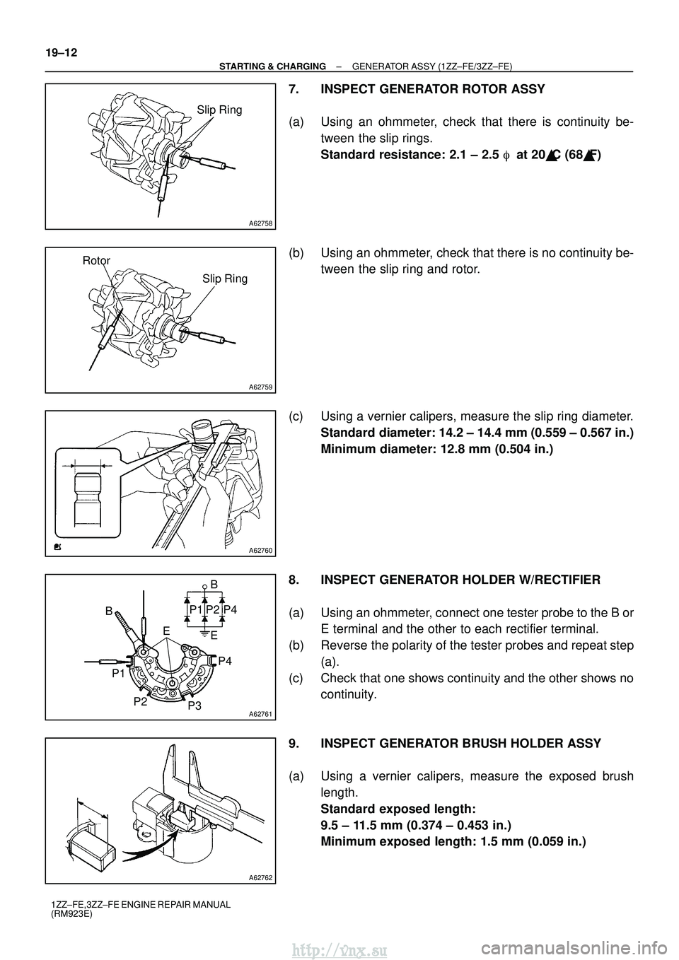 TOYOTA AVENSIS 2003 Service Repair Manual A62758
Slip Ring
A62759
Slip Ring
Rotor
A62760
A62761
B
P4
E
P2P1
B
P1 P2 P3P4
E
A62762
19±12
±
STARTING & CHARGING GENERATOR ASSY (1ZZ±FE/3ZZ±FE)
1ZZ±FE,3ZZ±FE ENGINE REPAIR MANUAL
(RM923E)
7. TOYOTA AVENSIS 2003 Service Repair Manual A62758
Slip Ring
A62759
Slip Ring
Rotor
A62760
A62761
B
P4
E
P2P1
B
P1 P2 P3P4
E
A62762
19±12
±
STARTING & CHARGING GENERATOR ASSY (1ZZ±FE/3ZZ±FE)
1ZZ±FE,3ZZ±FE ENGINE REPAIR MANUAL
(RM923E)
7.