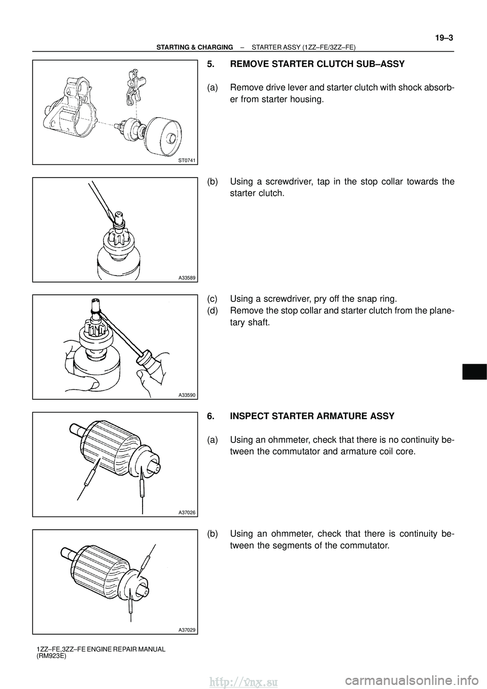 TOYOTA AVENSIS 2003  Service Repair Manual ST0741
A33589
A33590
A37026
A37029
±
STARTING & CHARGING STARTER ASSY (1ZZ±FE/3ZZ±FE)
19±3
1ZZ±FE,3ZZ±FE ENGINE REPAIR MANUAL
(RM923E)
5. REMOVE STARTER CLUTCH SUB±ASSY
(a) Remove drive lever a