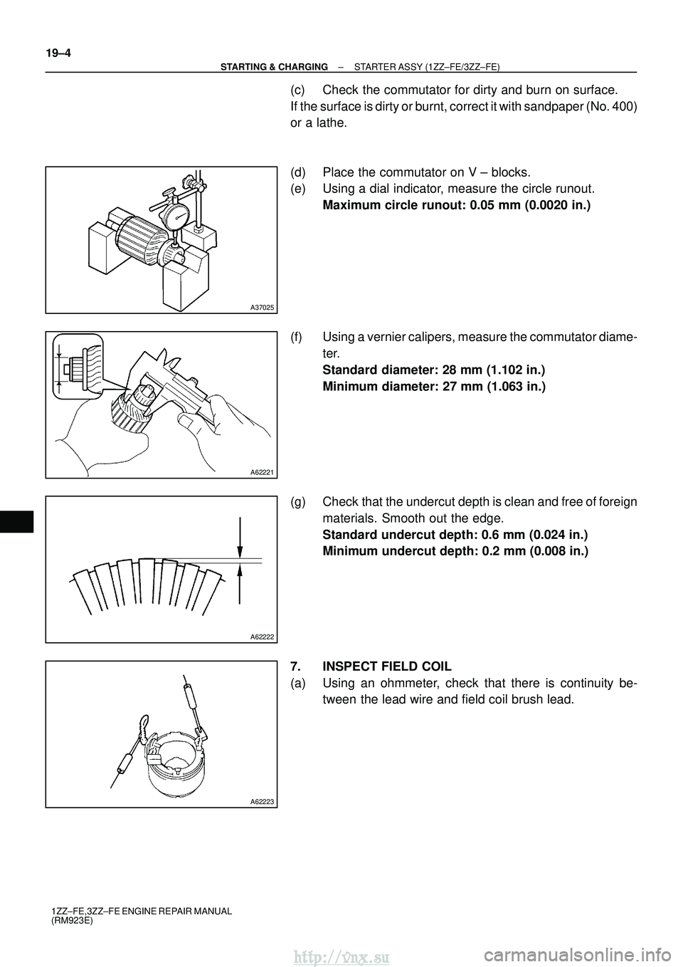 TOYOTA AVENSIS 2003  Service Repair Manual A37025
A62221
A62222
A62223
19±4
±
STARTING & CHARGING STARTER ASSY (1ZZ±FE/3ZZ±FE)
1ZZ±FE,3ZZ±FE ENGINE REPAIR MANUAL
(RM923E)
(c) Check the commutator for dirty and burn on surface.
If the sur