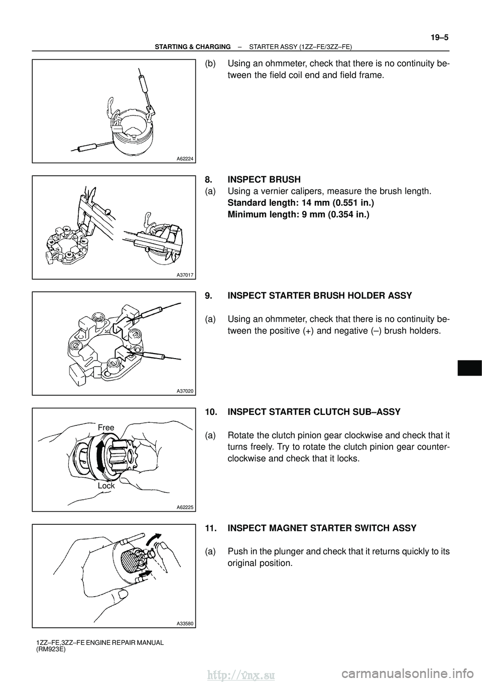 TOYOTA AVENSIS 2003  Service Repair Manual A62224
A37017
A37020
A62225
Free
Lock
A33580
±
STARTING & CHARGING STARTER ASSY (1ZZ±FE/3ZZ±FE)
19±5
1ZZ±FE,3ZZ±FE ENGINE REPAIR MANUAL
(RM923E)
(b) Using an ohmmeter, check that there is no con