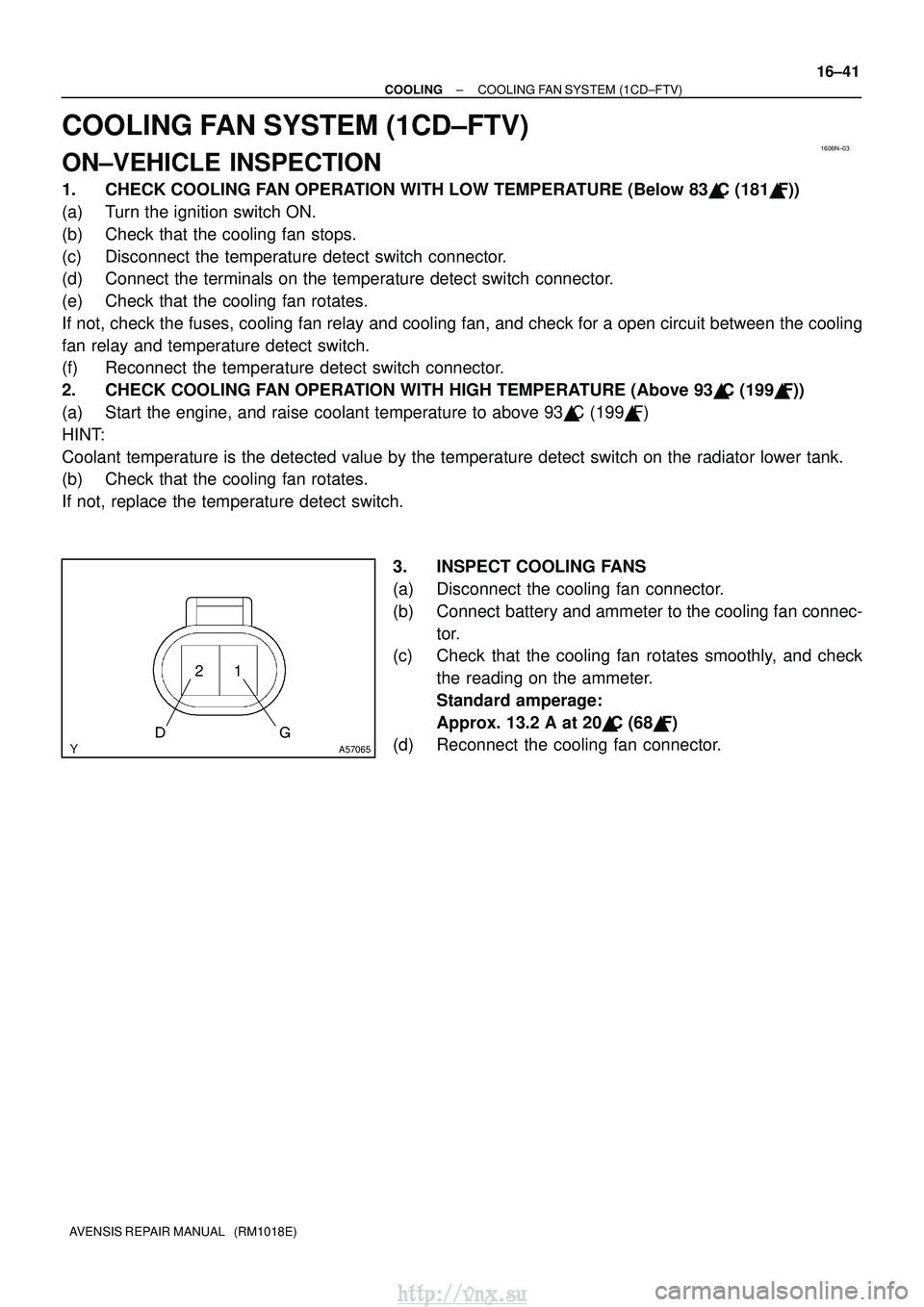 TOYOTA AVENSIS 2003 Service Repair Manual 1606N±03
A57065
21
±
COOLING COOLING FAN SYSTEM (1CD±FTV)
16±41
AVENSIS REPAIR MANUAL (RM1018E)
COOLING FAN SYSTEM (1CD±FTV)
ON±VEHICLE INSPECTION
1. CHECK COOLING FAN OPERATION WITH LOW TE TOYOTA AVENSIS 2003 Service Repair Manual 1606N±03
A57065
21
±
COOLING COOLING FAN SYSTEM (1CD±FTV)
16±41
AVENSIS REPAIR MANUAL (RM1018E)
COOLING FAN SYSTEM (1CD±FTV)
ON±VEHICLE INSPECTION
1. CHECK COOLING FAN OPERATION WITH LOW TE