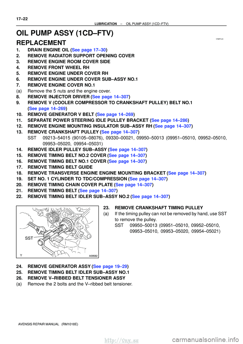 TOYOTA AVENSIS 2003 Service Repair Manual 170FP±01
SST
A09582
17±22
±
LUBRICATIONOIL PUMP ASSY(1CD±FTV)
AVENSIS REPAIR MANUAL (RM1018E)
OIL PUMP ASSY(1CD±FTV)
REPLACEMENT
1.DRAIN ENGINE OIL(See page 17±30)
2.REMOVE RADIATOR SUPPORT OP TOYOTA AVENSIS 2003 Service Repair Manual 170FP±01
SST
A09582
17±22
±
LUBRICATIONOIL PUMP ASSY(1CD±FTV)
AVENSIS REPAIR MANUAL (RM1018E)
OIL PUMP ASSY(1CD±FTV)
REPLACEMENT
1.DRAIN ENGINE OIL(See page 17±30)
2.REMOVE RADIATOR SUPPORT OP