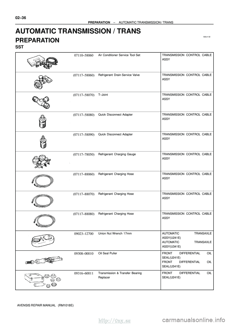 TOYOTA AVENSIS 2003 Service Repair Manual 022L4±02
02±36
±
PREPARATION AUTOMATIC TRANSMISSION / TRANS
AVENSIS REPAIR MANUAL (RM1018E)
AUTOMATIC TRANSMISSION / TRANS
PREPARATION
SST
07110±58060Air Conditioner Service Tool SetTRANSMISSION TOYOTA AVENSIS 2003 Service Repair Manual 022L4±02
02±36
±
PREPARATION AUTOMATIC TRANSMISSION / TRANS
AVENSIS REPAIR MANUAL (RM1018E)
AUTOMATIC TRANSMISSION / TRANS
PREPARATION
SST
07110±58060Air Conditioner Service Tool SetTRANSMISSION