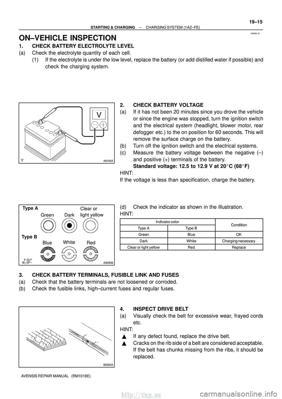 TOYOTA AVENSIS 2003 Service Repair Manual 190NW±01
A81052
\bA82936
Type A
Type B BlueWhite
Red
Green Dark
Clear or
light yellow
B00543
±
STARTING & CHARGING CHARGING SYSTEM (1AZ±FE)
19±15
AVENSIS REPAIR MANUAL (RM1018E)
ON± TOYOTA AVENSIS 2003 Service Repair Manual 190NW±01
A81052
\bA82936
Type A
Type B BlueWhite
Red
Green Dark
Clear or
light yellow
B00543
±
STARTING & CHARGING CHARGING SYSTEM (1AZ±FE)
19±15
AVENSIS REPAIR MANUAL (RM1018E)
ON±