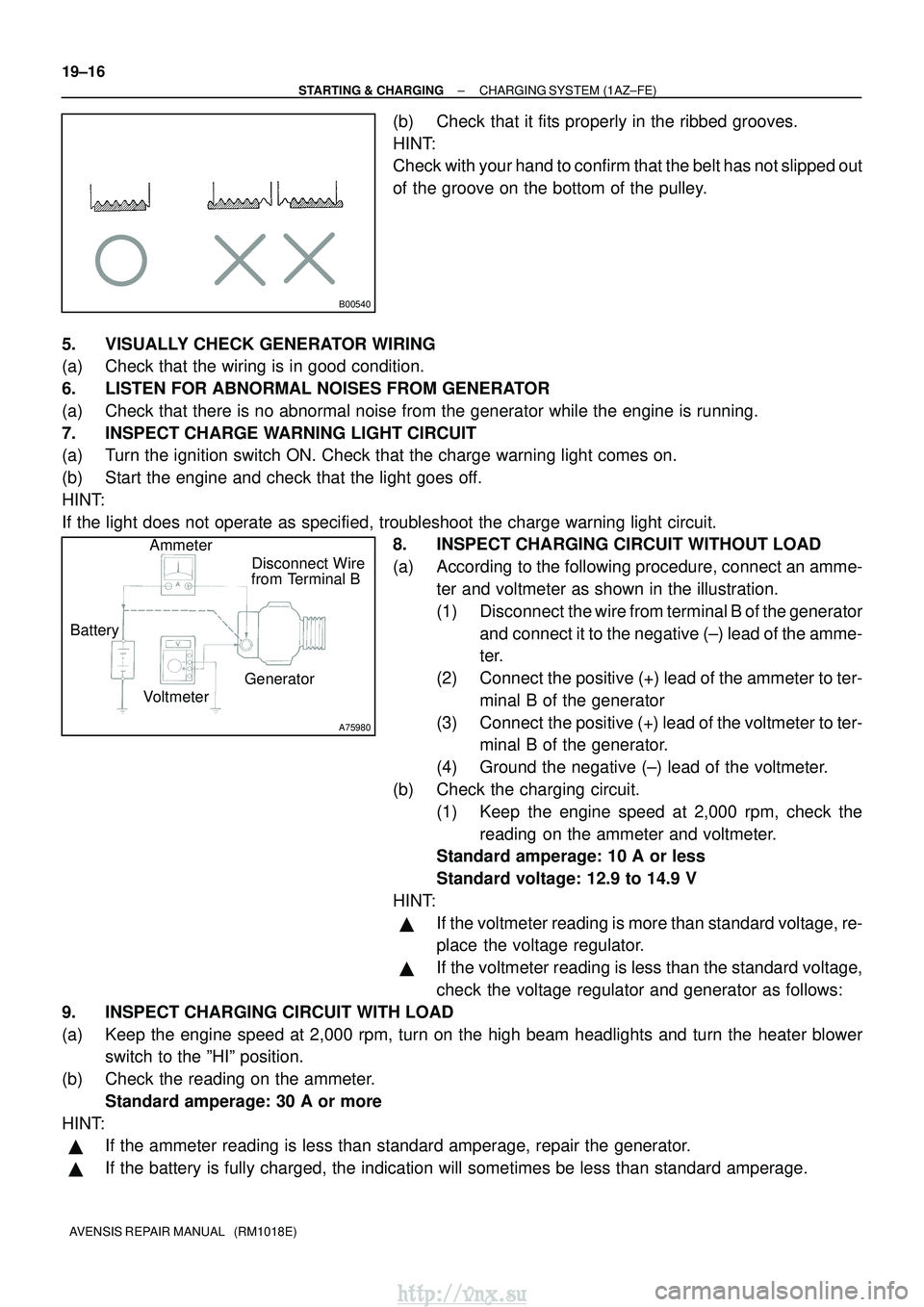 TOYOTA AVENSIS 2003 Service Repair Manual B00540
A75980
Disconnect Wire
from Terminal B
Generator
Voltmeter
Battery Ammeter
19±16
±
STARTING & CHARGING CHARGING SYSTEM (1AZ±FE)
AVENSIS REPAIR MANUAL (RM1018E)
(b) Check that it fits prope TOYOTA AVENSIS 2003 Service Repair Manual B00540
A75980
Disconnect Wire
from Terminal B
Generator
Voltmeter
Battery Ammeter
19±16
±
STARTING & CHARGING CHARGING SYSTEM (1AZ±FE)
AVENSIS REPAIR MANUAL (RM1018E)
(b) Check that it fits prope