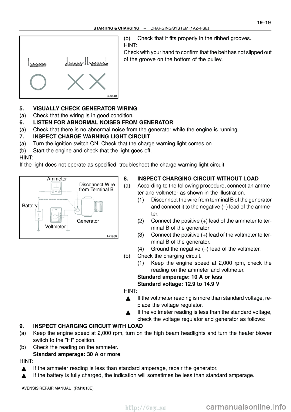 TOYOTA AVENSIS 2003 Service Repair Manual B00540
A75980
Disconnect Wire
from Terminal B
Generator
Voltmeter
Battery Ammeter
±
STARTING & CHARGING CHARGING SYSTEM (1AZ±FSE)
19±19
AVENSIS REPAIR MANUAL (RM1018E)
(b) Check that it fits prop TOYOTA AVENSIS 2003 Service Repair Manual B00540
A75980
Disconnect Wire
from Terminal B
Generator
Voltmeter
Battery Ammeter
±
STARTING & CHARGING CHARGING SYSTEM (1AZ±FSE)
19±19
AVENSIS REPAIR MANUAL (RM1018E)
(b) Check that it fits prop