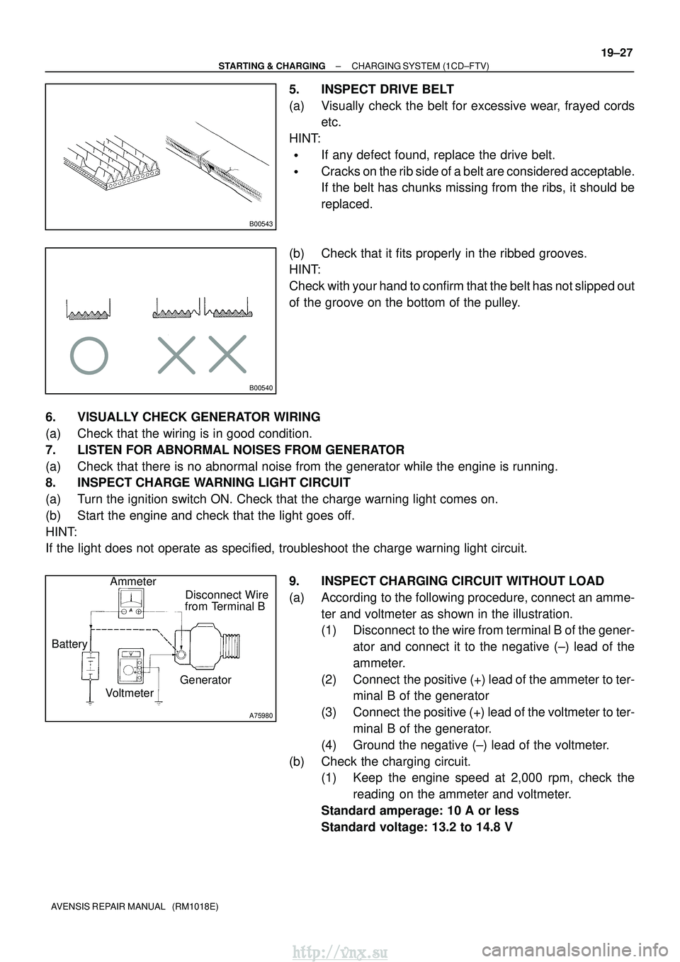 TOYOTA AVENSIS 2003 Service Repair Manual B00543
B00540
A75980
Disconnect Wire
from Terminal B
Generator
Voltmeter
Battery Ammeter
±
STARTING & CHARGING CHARGING SYSTEM (1CD±FTV)
19±27
AVENSIS REPAIR MANUAL (RM1018E)
5. INSPECT DRIVE BEL TOYOTA AVENSIS 2003 Service Repair Manual B00543
B00540
A75980
Disconnect Wire
from Terminal B
Generator
Voltmeter
Battery Ammeter
±
STARTING & CHARGING CHARGING SYSTEM (1CD±FTV)
19±27
AVENSIS REPAIR MANUAL (RM1018E)
5. INSPECT DRIVE BEL