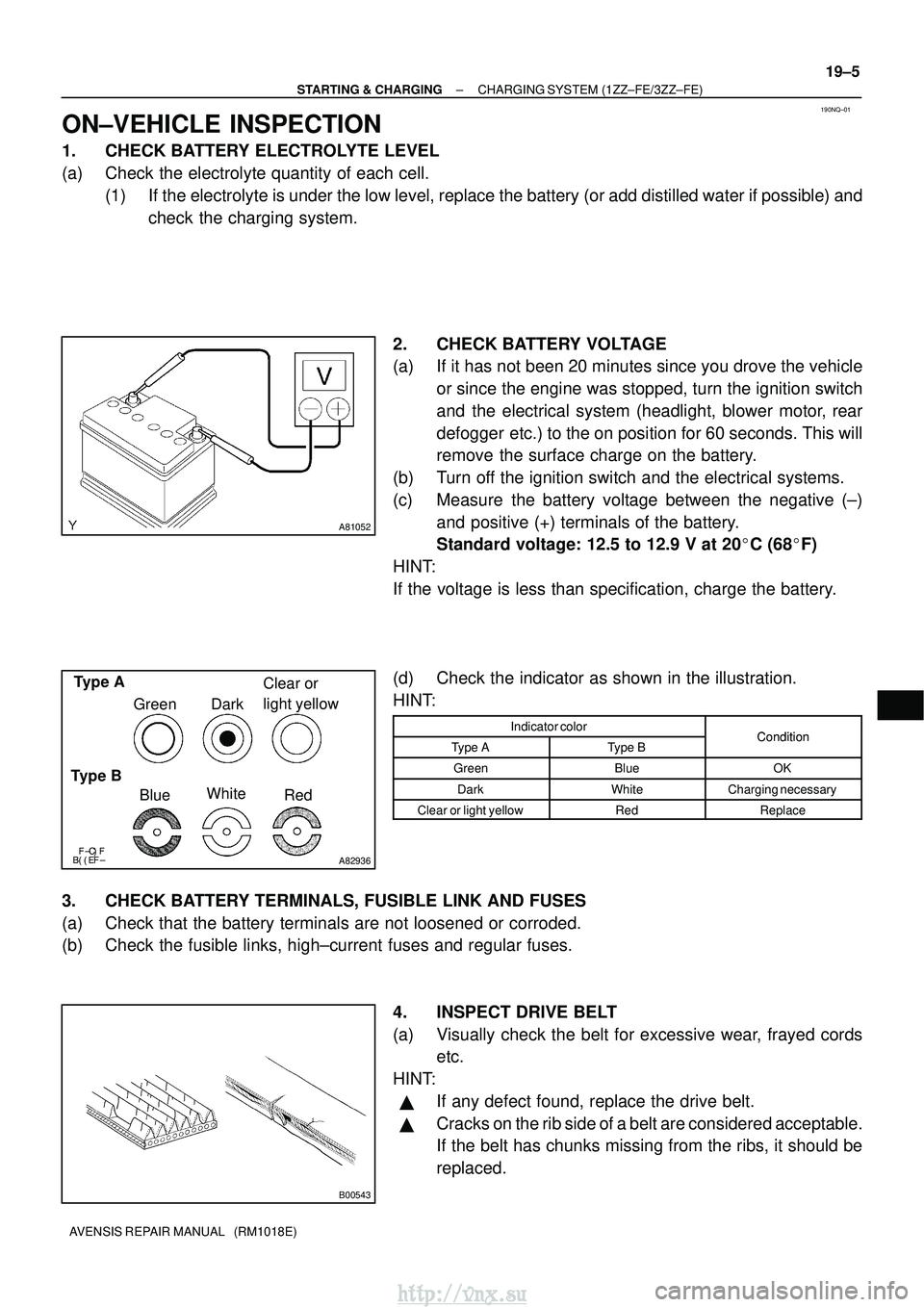 TOYOTA AVENSIS 2003 Service Repair Manual 190NQ±01
A81052
\bA82936
Type A
Type B BlueWhite
Red
Green Dark
Clear or
light yellow
B00543
±
STARTING & CHARGING CHARGING SYSTEM (1ZZ±FE/3ZZ±FE)
19±5
AVENSIS REPAIR MANUAL (RM1018 TOYOTA AVENSIS 2003 Service Repair Manual 190NQ±01
A81052
\bA82936
Type A
Type B BlueWhite
Red
Green Dark
Clear or
light yellow
B00543
±
STARTING & CHARGING CHARGING SYSTEM (1ZZ±FE/3ZZ±FE)
19±5
AVENSIS REPAIR MANUAL (RM1018