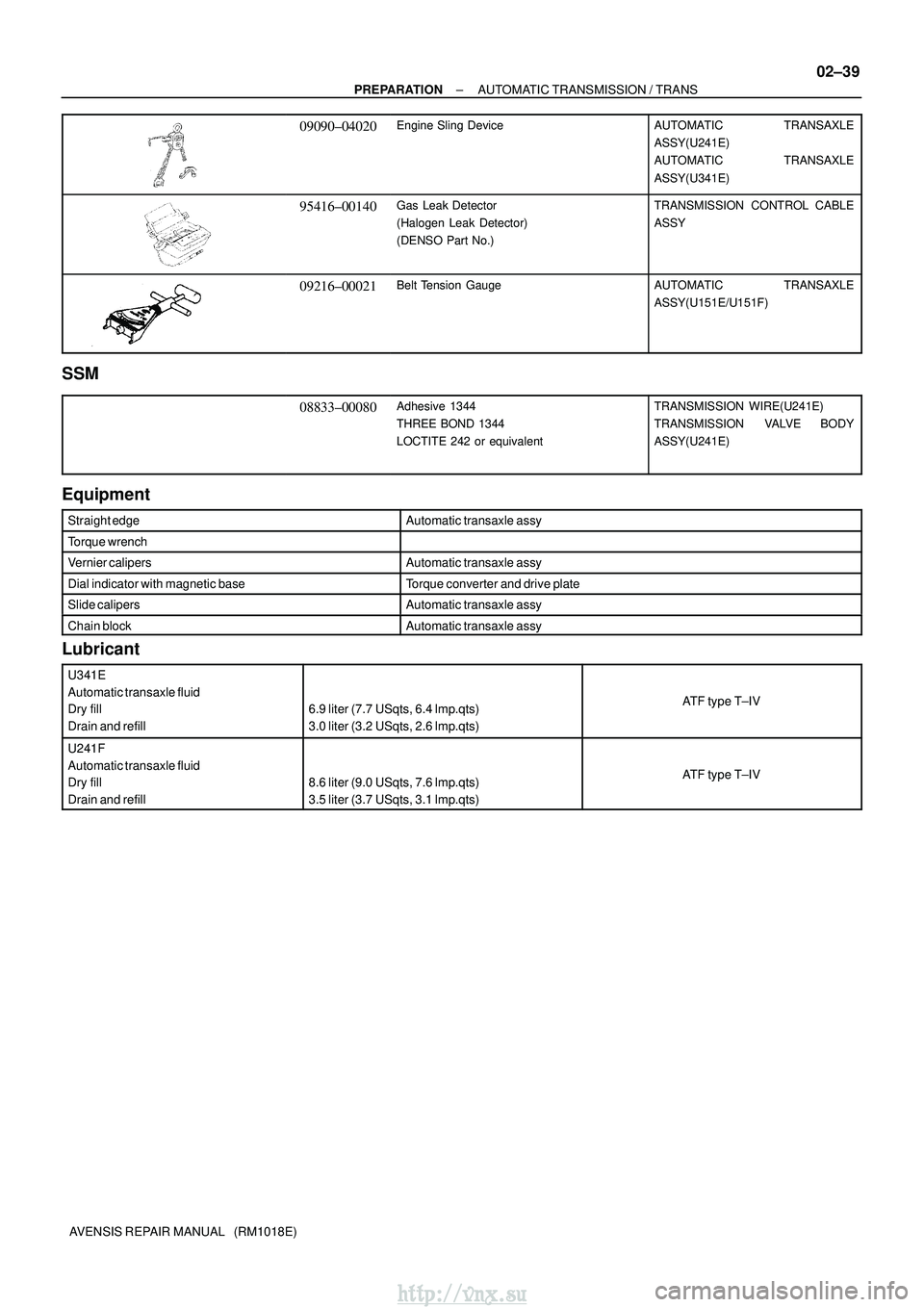 TOYOTA AVENSIS 2003 Service Repair Manual ±
PREPARATION AUTOMATIC TRANSMISSION / TRANS
02±39
AVENSIS REPAIR MANUAL (RM1018E)
09090±04020Engine Sling DeviceAUTOMATIC TRANSAXLE
ASSY(U241E)
AUTOMATIC TRANSAXLE
ASSY(U341E)
95416±00140Gas Le TOYOTA AVENSIS 2003 Service Repair Manual ±
PREPARATION AUTOMATIC TRANSMISSION / TRANS
02±39
AVENSIS REPAIR MANUAL (RM1018E)
09090±04020Engine Sling DeviceAUTOMATIC TRANSAXLE
ASSY(U241E)
AUTOMATIC TRANSAXLE
ASSY(U341E)
95416±00140Gas Le