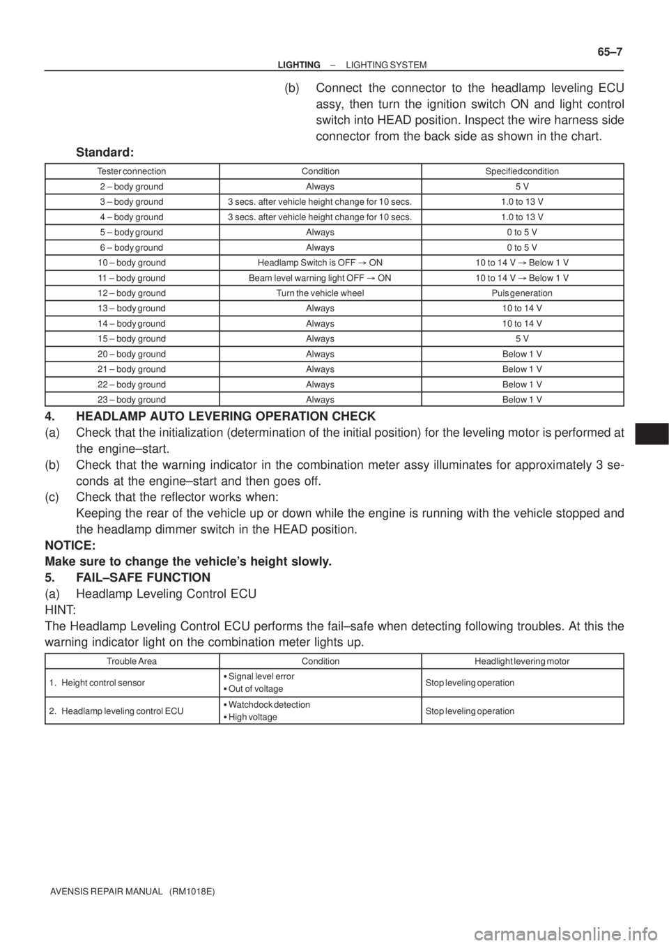 TOYOTA AVENSIS 2002 Repair Manual ± LIGHTINGLIGHTING SYSTEM
65±7
AVENSIS REPAIR MANUAL (RM1018E)
(b) Connect the connector to the headlamp leveling ECU
assy, then turn the ignition switch ON and light control
switch into HEAD pos TOYOTA AVENSIS 2002 Repair Manual ± LIGHTINGLIGHTING SYSTEM
65±7
AVENSIS REPAIR MANUAL (RM1018E)
(b) Connect the connector to the headlamp leveling ECU
assy, then turn the ignition switch ON and light control
switch into HEAD pos