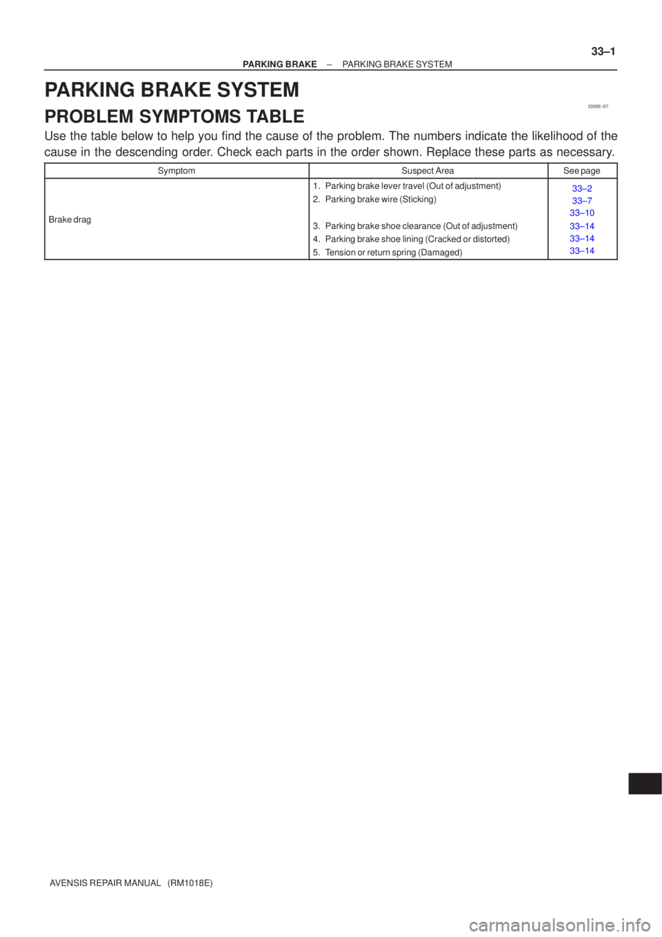 TOYOTA AVENSIS 2002  Repair Manual 3300E±07
±
PARKING BRAKE PARKING BRAKE SYSTEM
33±1
AVENSIS REPAIR MANUAL   (RM1018E)
PARKING BRAKE SYSTEM
PROBLEM SYMPTOMS TABLE
Use the table below to help you find the cause of the problem. The n