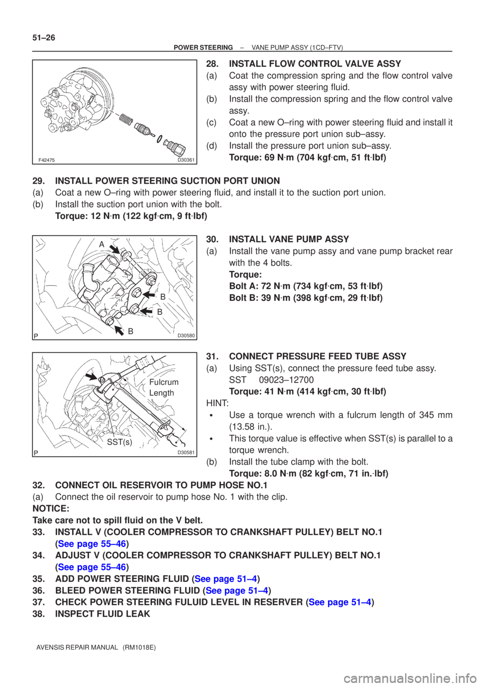 TOYOTA AVENSIS 2002 Repair Manual D30361
D30580
B
B
B
A
D30581
Fulcrum
Length
SST(s)
51±26
±
POWER STEERING VANE PUMP ASSY (1CD±FTV)
AVENSIS REPAIR MANUAL (RM1018E)
28. INSTALL FLOW CONTROL VALVE ASSY
(a) Coat the compressi TOYOTA AVENSIS 2002 Repair Manual D30361
D30580
B
B
B
A
D30581
Fulcrum
Length
SST(s)
51±26
±
POWER STEERING VANE PUMP ASSY (1CD±FTV)
AVENSIS REPAIR MANUAL (RM1018E)
28. INSTALL FLOW CONTROL VALVE ASSY
(a) Coat the compressi