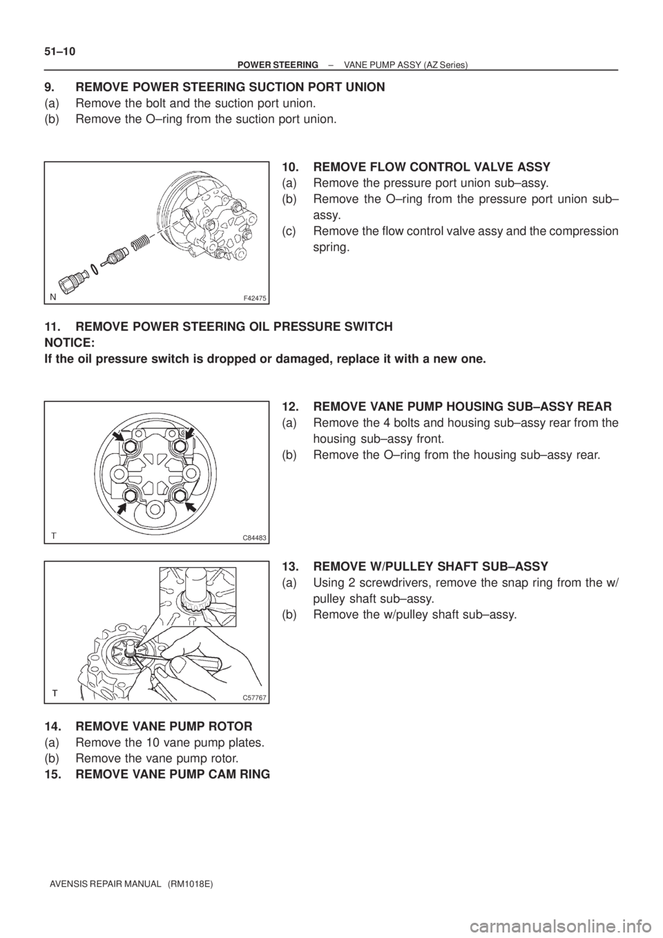 TOYOTA AVENSIS 2002 Repair Manual F42475
C84483
C57767
51±10
± POWER STEERINGVANE PUMP ASSY (AZ Series)
AVENSIS REPAIR MANUAL (RM1018E)
9. REMOVE POWER STEERING SUCTION PORT UNION
(a) Remove the bolt and the suction port union.
(b TOYOTA AVENSIS 2002 Repair Manual F42475
C84483
C57767
51±10
± POWER STEERINGVANE PUMP ASSY (AZ Series)
AVENSIS REPAIR MANUAL (RM1018E)
9. REMOVE POWER STEERING SUCTION PORT UNION
(a) Remove the bolt and the suction port union.
(b