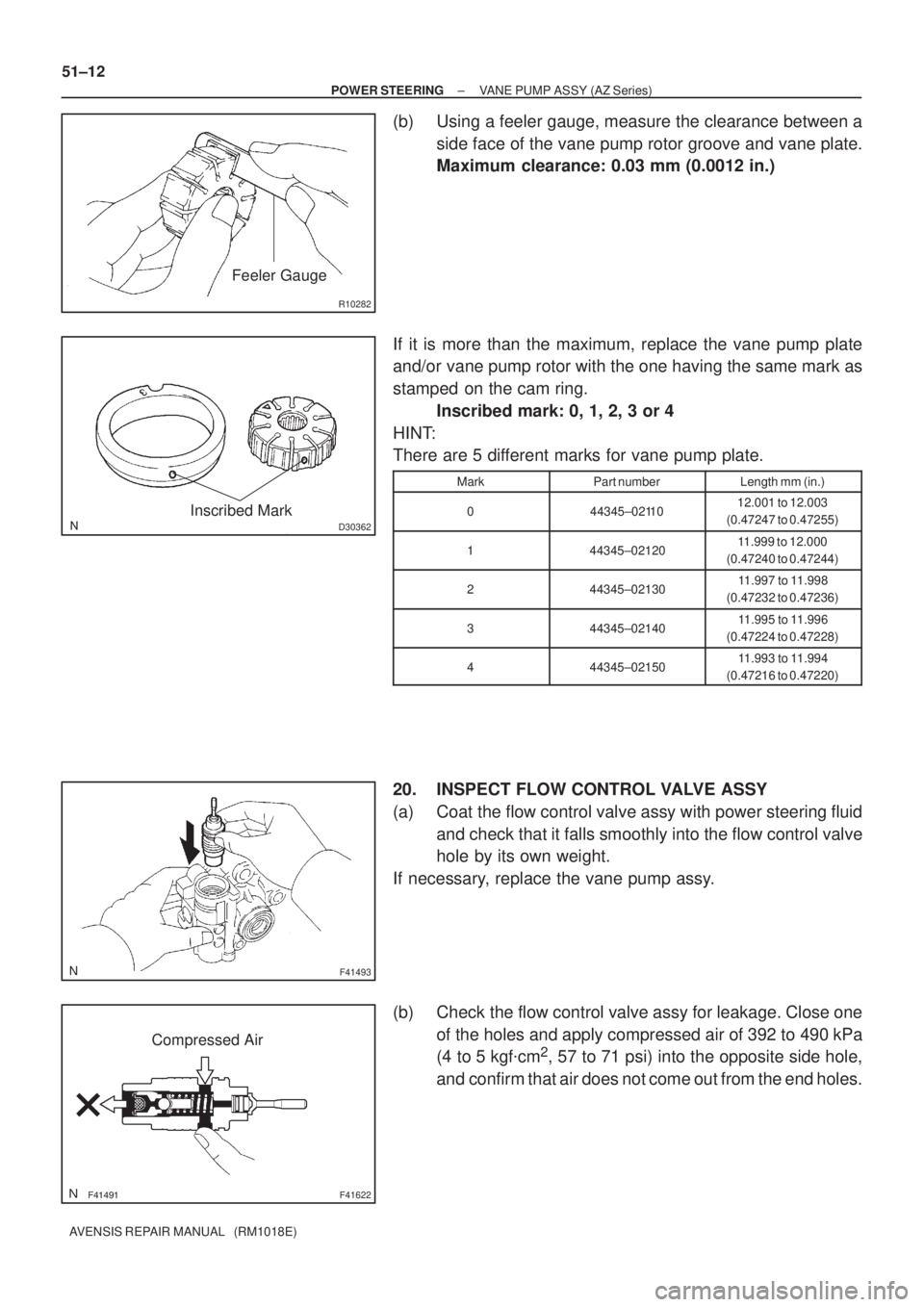 TOYOTA AVENSIS 2002 Repair Manual R10282
Feeler Gauge
D30362Inscribed Mark
F41493
F41622
Compressed Air 51±12
± POWER STEERINGVANE PUMP ASSY (AZ Series)
AVENSIS REPAIR MANUAL (RM1018E)
(b) Using a feeler gauge, measure the c TOYOTA AVENSIS 2002 Repair Manual R10282
Feeler Gauge
D30362Inscribed Mark
F41493
F41622
Compressed Air 51±12
± POWER STEERINGVANE PUMP ASSY (AZ Series)
AVENSIS REPAIR MANUAL (RM1018E)
(b) Using a feeler gauge, measure the c
