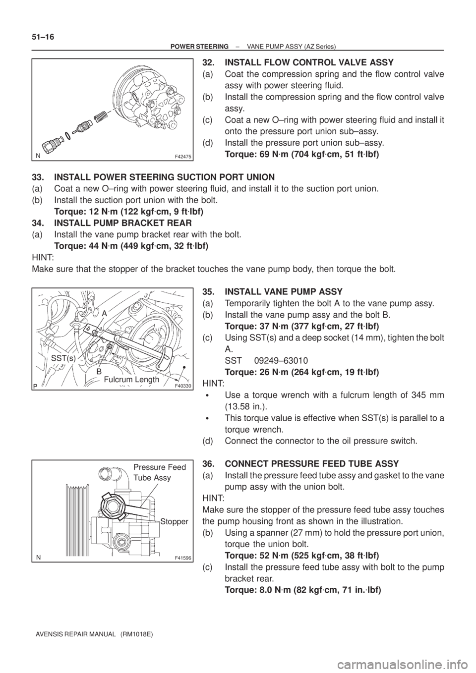 TOYOTA AVENSIS 2002 Repair Manual F42475
F40330
A
SST(s)
BFulcrum Length
F41596
Pressure Feed
Tube Assy
Stopper
51±16
± POWER STEERINGVANE PUMP ASSY (AZ Series)
AVENSIS REPAIR MANUAL (RM1018E)
32. INSTALL FLOW CONTROL VALVE ASSY
TOYOTA AVENSIS 2002 Repair Manual F42475
F40330
A
SST(s)
BFulcrum Length
F41596
Pressure Feed
Tube Assy
Stopper
51±16
± POWER STEERINGVANE PUMP ASSY (AZ Series)
AVENSIS REPAIR MANUAL (RM1018E)
32. INSTALL FLOW CONTROL VALVE ASSY