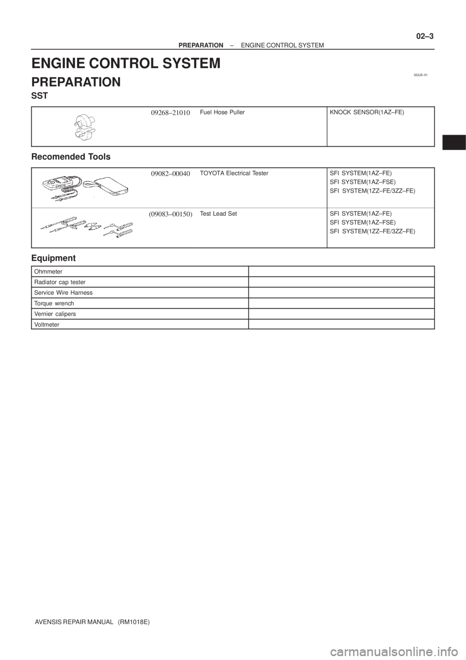 TOYOTA AVENSIS 2002  Repair Manual 022J5±01
± PREPARATIONENGINE CONTROL SYSTEM
02±3
AVENSIS REPAIR MANUAL   (RM1018E)
ENGINE CONTROL SYSTEM
PREPARATION
SST
09268±21010Fuel Hose PullerKNOCK SENSOR(1AZ±FE)
Recomended Tools
09082±00