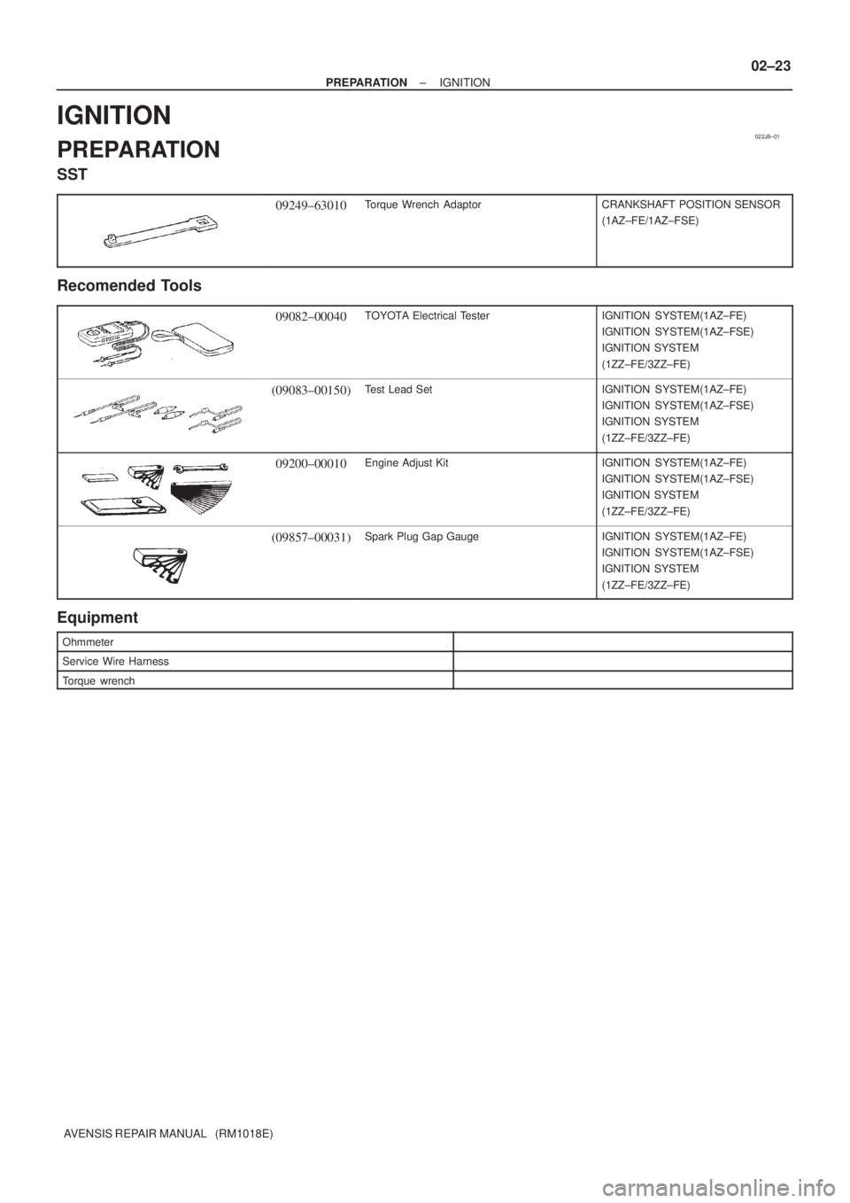 TOYOTA AVENSIS 2002  Repair Manual 022J8±01
± PREPARATIONIGNITION
02±23
AVENSIS REPAIR MANUAL   (RM1018E)
IGNITION
PREPARATION
SST
09249±63010Torque Wrench  AdaptorCRANKSHAFT POSITION SENSOR
(1AZ±FE/1AZ±FSE)
Recomended Tools
0908