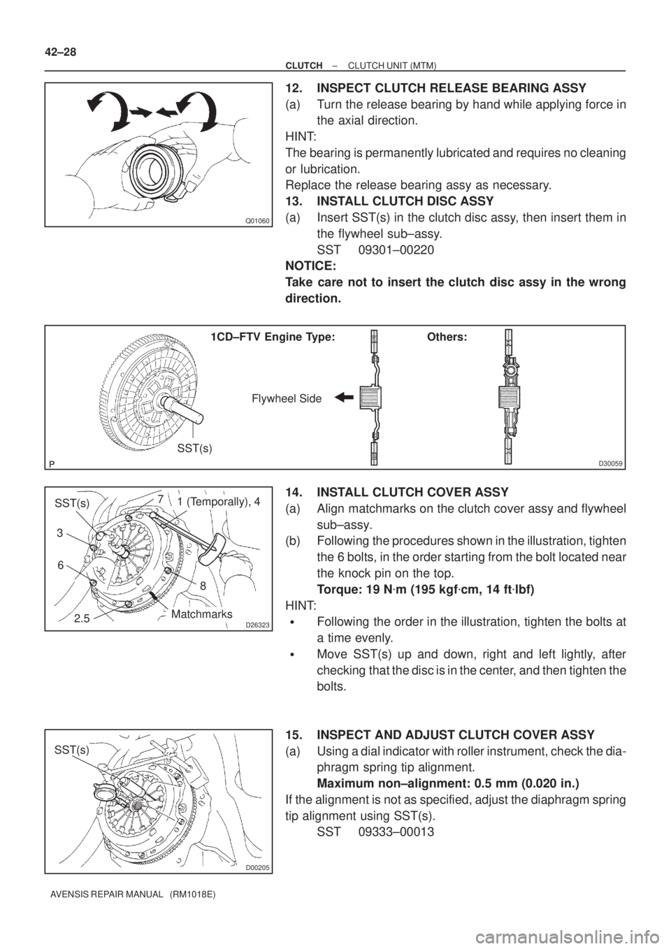 TOYOTA AVENSIS 2002 Repair Manual Q01060
D30059
1CD±FTV Engine Type: Others:
Flywheel Side
SST(s)
D26323
SST(s)
Matchmarks 7
1 (Temporally), 4
3
6
2.58
D00205
SST(s)
42±28
± CLUTCHCLUTCH UNIT (MTM)
AVENSIS REPAIR MANUAL (RM1018E) TOYOTA AVENSIS 2002 Repair Manual Q01060
D30059
1CD±FTV Engine Type: Others:
Flywheel Side
SST(s)
D26323
SST(s)
Matchmarks 7
1 (Temporally), 4
3
6
2.58
D00205
SST(s)
42±28
± CLUTCHCLUTCH UNIT (MTM)
AVENSIS REPAIR MANUAL (RM1018E)