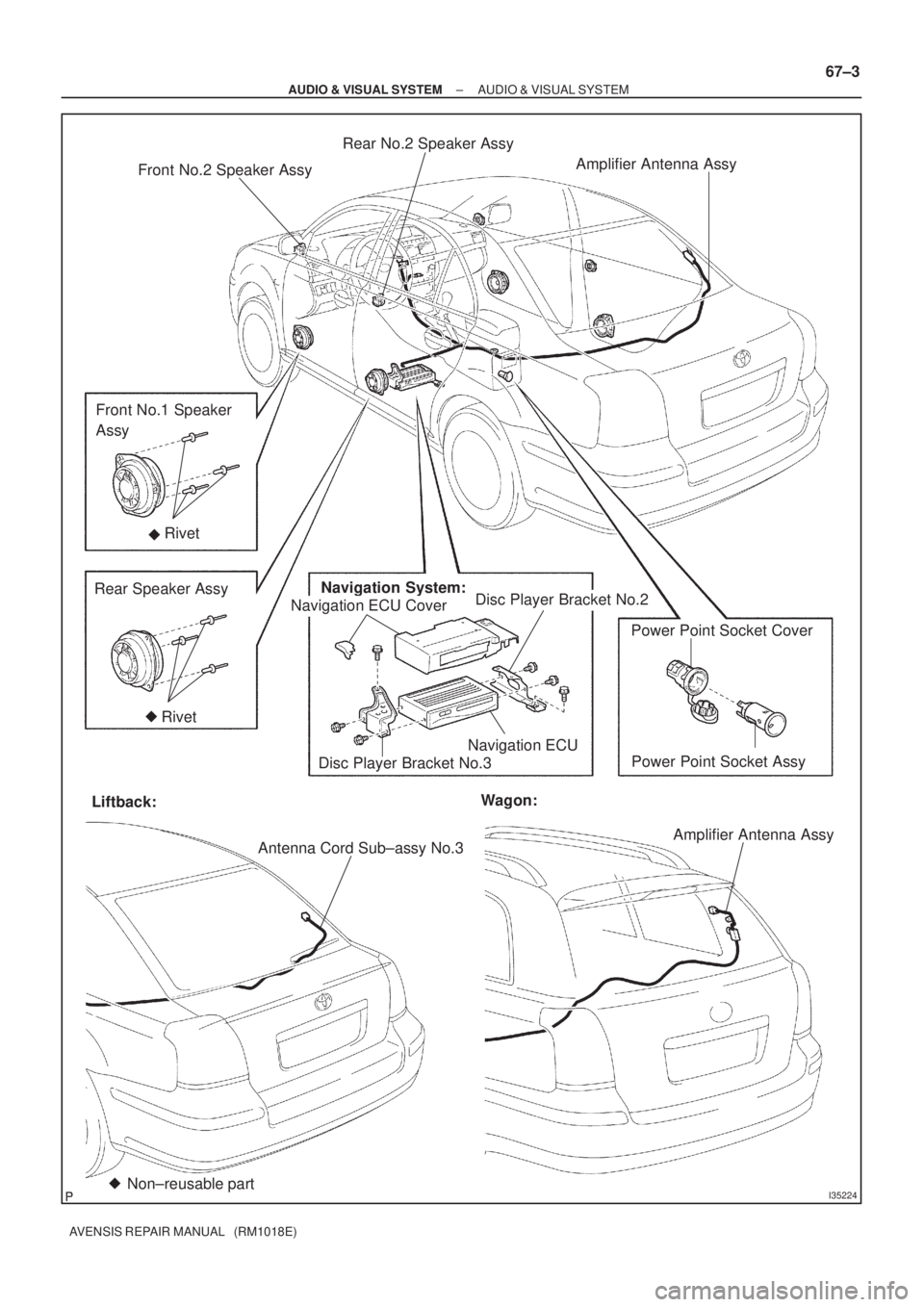 TOYOTA AVENSIS 2002  Repair Manual I35224
Front No.2 Speaker AssyAmplifier Antenna Assy
Front No.1 Speaker 
Assy
Rear Speaker AssyNavigation System:
Disc Player Bracket No.2 Rivet
Navigation ECUPower Point Socket Cover
Power Point Sock