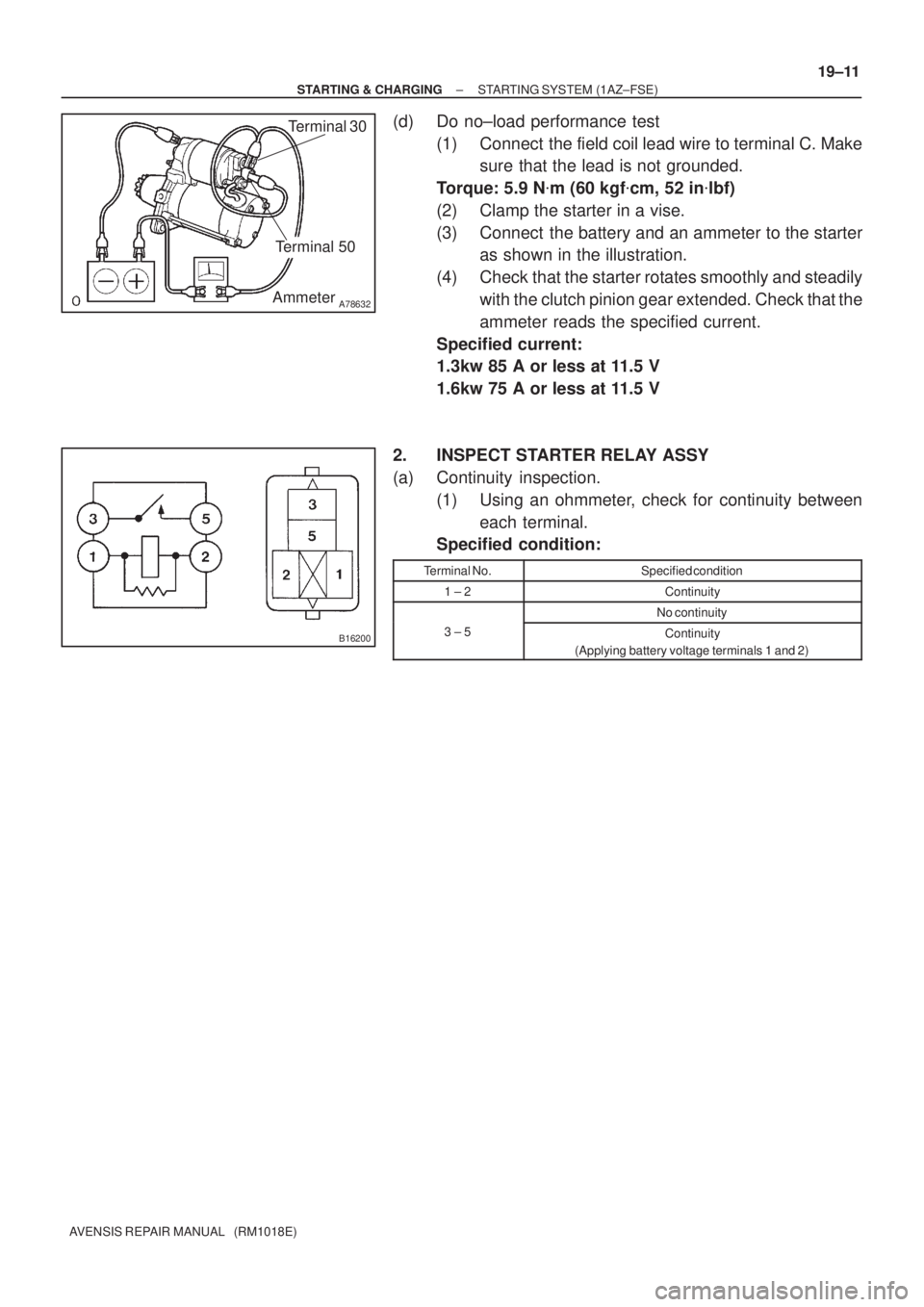 TOYOTA AVENSIS 2002  Repair Manual A78632
Terminal 30
Terminal 50
Ammeter
B16200
± STARTING & CHARGINGSTARTING SYSTEM (1AZ±FSE)
19±11
AVENSIS REPAIR MANUAL   (RM1018E)
(d) Do no±load performance test
(1) Connect  the field coil lea