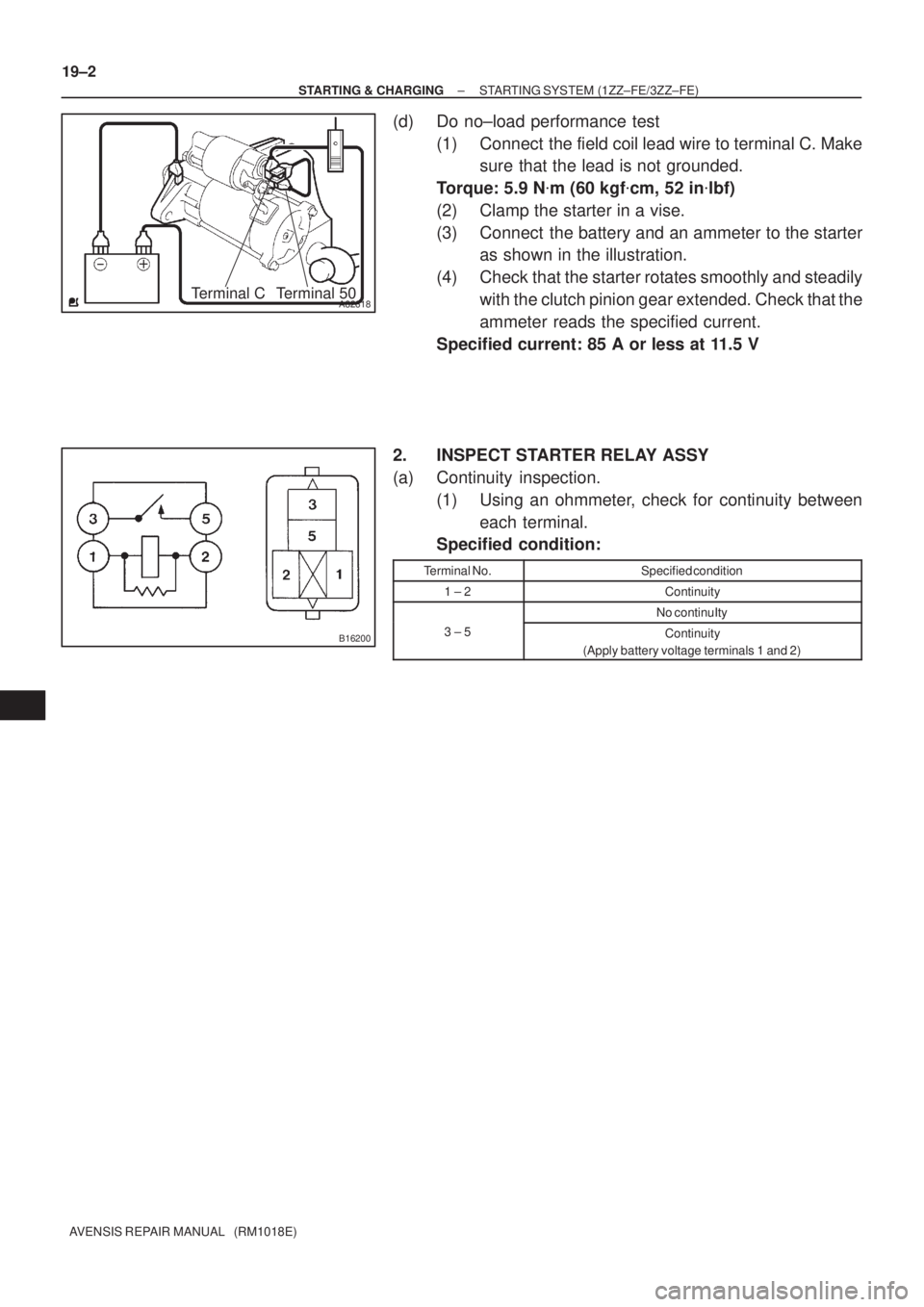 TOYOTA AVENSIS 2002  Repair Manual A82618Terminal C Terminal 50
B16200
19±2
± STARTING & CHARGINGSTARTING SYSTEM (1ZZ±FE/3ZZ±FE)
AVENSIS REPAIR MANUAL   (RM1018E)
(d) Do no±load performance test
(1) Connect  the field coil lead wi