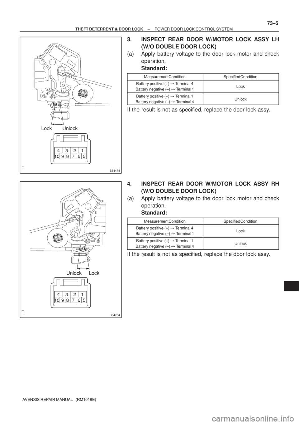 TOYOTA AVENSIS 2002  Repair Manual B64474
Unlock Lock
B64704
Unlock Lock
± THEFT DETERRENT & DOOR LOCKPOWER DOOR LOCK CONTROL SYSTEM
73±5
AVENSIS REPAIR MANUAL   (RM1018E)
3. INSPECT REAR DOOR W/MOTOR LOCK ASSY LH
(W/O DOUBLE DOOR LO