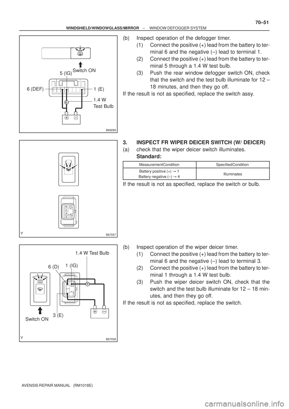 TOYOTA AVENSIS 2002 Repair Manual B69289
1.4 W
Test Bulb Switch ON
5 (IG)
6 (DEF)
1 (E)
B67057
B67058
1.4 W Test Bulb
Switch ON1 (IG)
6 (D)
3 (E)
± WINDSHIELD/WINDOWGLASS/MIRRORWINDOW DEFOGGER SYSTEM
70±51
AVENSIS REPAIR MANUAL ( TOYOTA AVENSIS 2002 Repair Manual B69289
1.4 W
Test Bulb Switch ON
5 (IG)
6 (DEF)
1 (E)
B67057
B67058
1.4 W Test Bulb
Switch ON1 (IG)
6 (D)
3 (E)
± WINDSHIELD/WINDOWGLASS/MIRRORWINDOW DEFOGGER SYSTEM
70±51
AVENSIS REPAIR MANUAL (