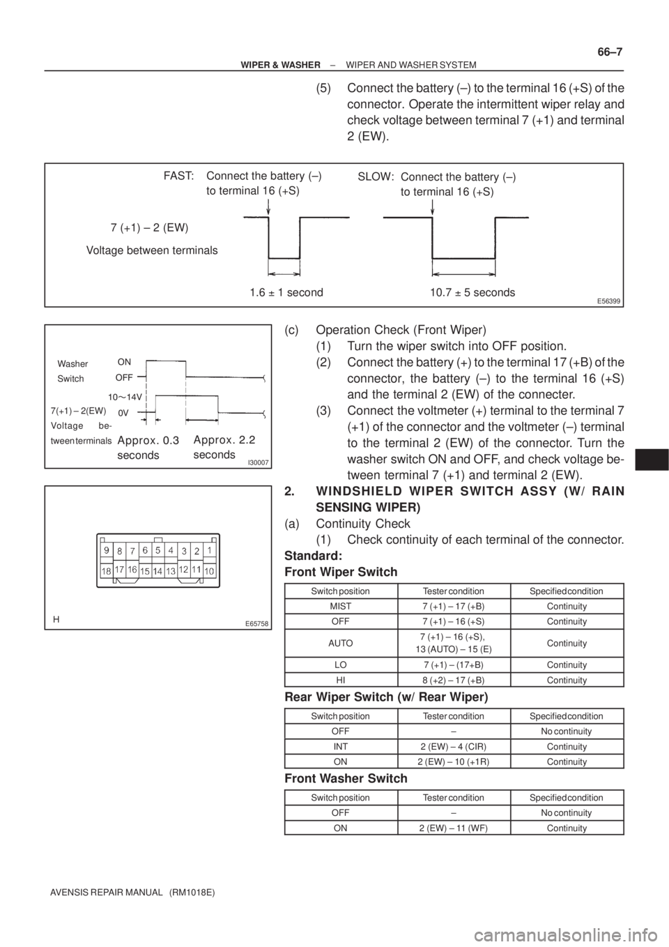 TOYOTA AVENSIS 2002 Repair Manual E56399
7 (+1) ± 2 (EW)
Voltage between terminals
10.7 5 seconds Connect the battery (±)
to terminal 16 (+S) FAST:
1.6 1 secondSLOW:
Connect the battery (±)
to terminal 16 (+S)
I3 TOYOTA AVENSIS 2002 Repair Manual E56399
7 (+1) ± 2 (EW)
Voltage between terminals
10.7 5 seconds Connect the battery (±)
to terminal 16 (+S) FAST:
1.6 1 secondSLOW:
Connect the battery (±)
to terminal 16 (+S)
I3