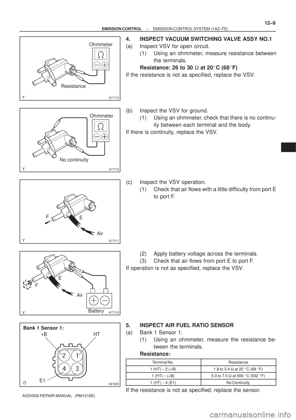 TOYOTA AVENSIS 2002 Repair Manual A77115
Ohmmeter
Resistance
A77116
Ohmmeter
No continuity
A77117
Air E F
A77118
Air E
F
Battery
A61829
+B HT
E1 Bank 1 Sensor 1:
± EMISSION CONTROLEMISSION CONTROL SYSTEM (1AZ±FE)
12±9
AVENSIS REPAI TOYOTA AVENSIS 2002 Repair Manual A77115
Ohmmeter
Resistance
A77116
Ohmmeter
No continuity
A77117
Air E F
A77118
Air E
F
Battery
A61829
+B HT
E1 Bank 1 Sensor 1:
± EMISSION CONTROLEMISSION CONTROL SYSTEM (1AZ±FE)
12±9
AVENSIS REPAI