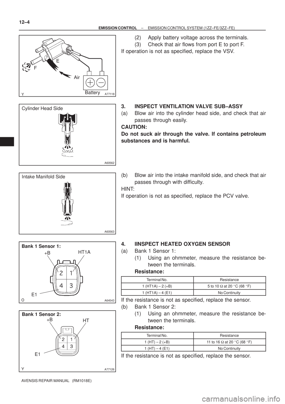 TOYOTA AVENSIS 2002 Repair Manual A77118
Air E
F
Battery
A60562
Cylinder Head Side
A60563
Intake Manifold Side
A64543
+B
Bank 1 Sensor 1:
HT1A
E1
A77126
HT +B
Bank 1 Sensor 2:
E1 12±4
± EMISSION CONTROLEMISSION CONTROL SYSTEM (1ZZ± TOYOTA AVENSIS 2002 Repair Manual A77118
Air E
F
Battery
A60562
Cylinder Head Side
A60563
Intake Manifold Side
A64543
+B
Bank 1 Sensor 1:
HT1A
E1
A77126
HT +B
Bank 1 Sensor 2:
E1 12±4
± EMISSION CONTROLEMISSION CONTROL SYSTEM (1ZZ±