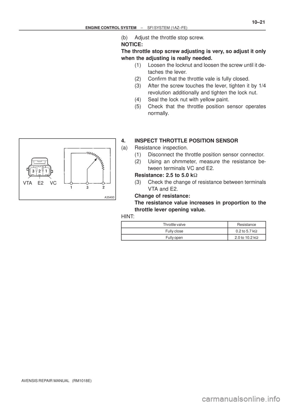 TOYOTA AVENSIS 2002 Repair Manual VTA E2 VC
A35493
± ENGINE CONTROL SYSTEMSFI SYSTEM (1AZ±FE)
10±21
AVENSIS REPAIR MANUAL (RM1018E)
(b) Adjust the throttle stop screw.
NOTICE:
The throttle stop screw adjusting is very, so adjust TOYOTA AVENSIS 2002 Repair Manual VTA E2 VC
A35493
± ENGINE CONTROL SYSTEMSFI SYSTEM (1AZ±FE)
10±21
AVENSIS REPAIR MANUAL (RM1018E)
(b) Adjust the throttle stop screw.
NOTICE:
The throttle stop screw adjusting is very, so adjust