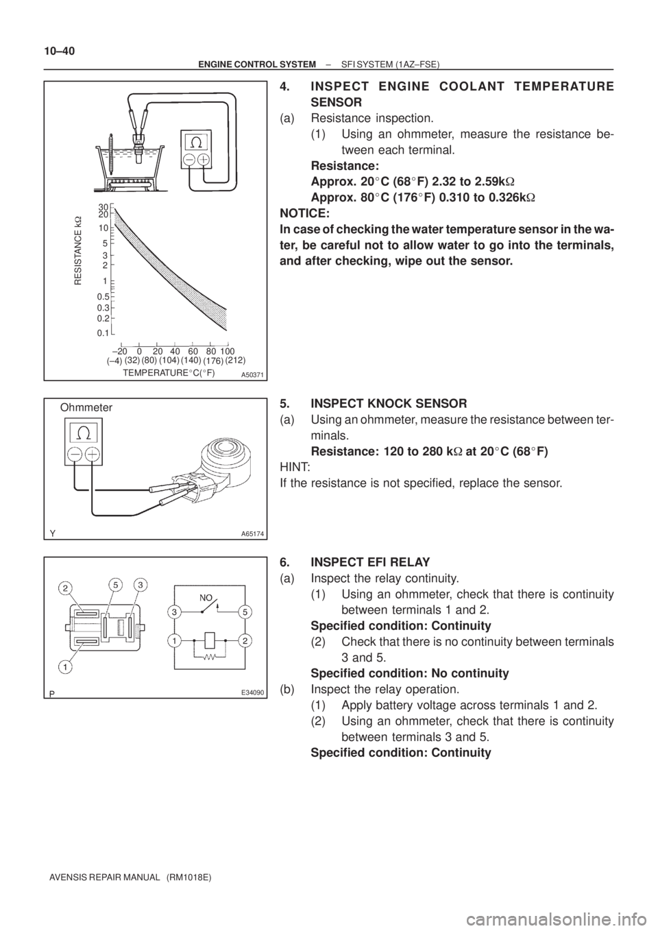 TOYOTA AVENSIS 2002 Repair Manual TEMPERATUREC(F)
RESISTANCE k
30
20
10
5
2
1
0.5
0.3
0.2
0.13
±20 0 20 40 60 80 100
(±4)(32) (80) (140)(104) (212)
(176)
A50371
A65174
Ohmmeter
E34090
10±40
± ENGINE CONTROL SYSTEMSFI SYSTEM (1A TOYOTA AVENSIS 2002 Repair Manual TEMPERATUREC(F)
RESISTANCE k
30
20
10
5
2
1
0.5
0.3
0.2
0.13
±20 0 20 40 60 80 100
(±4)(32) (80) (140)(104) (212)
(176)
A50371
A65174
Ohmmeter
E34090
10±40
± ENGINE CONTROL SYSTEMSFI SYSTEM (1A