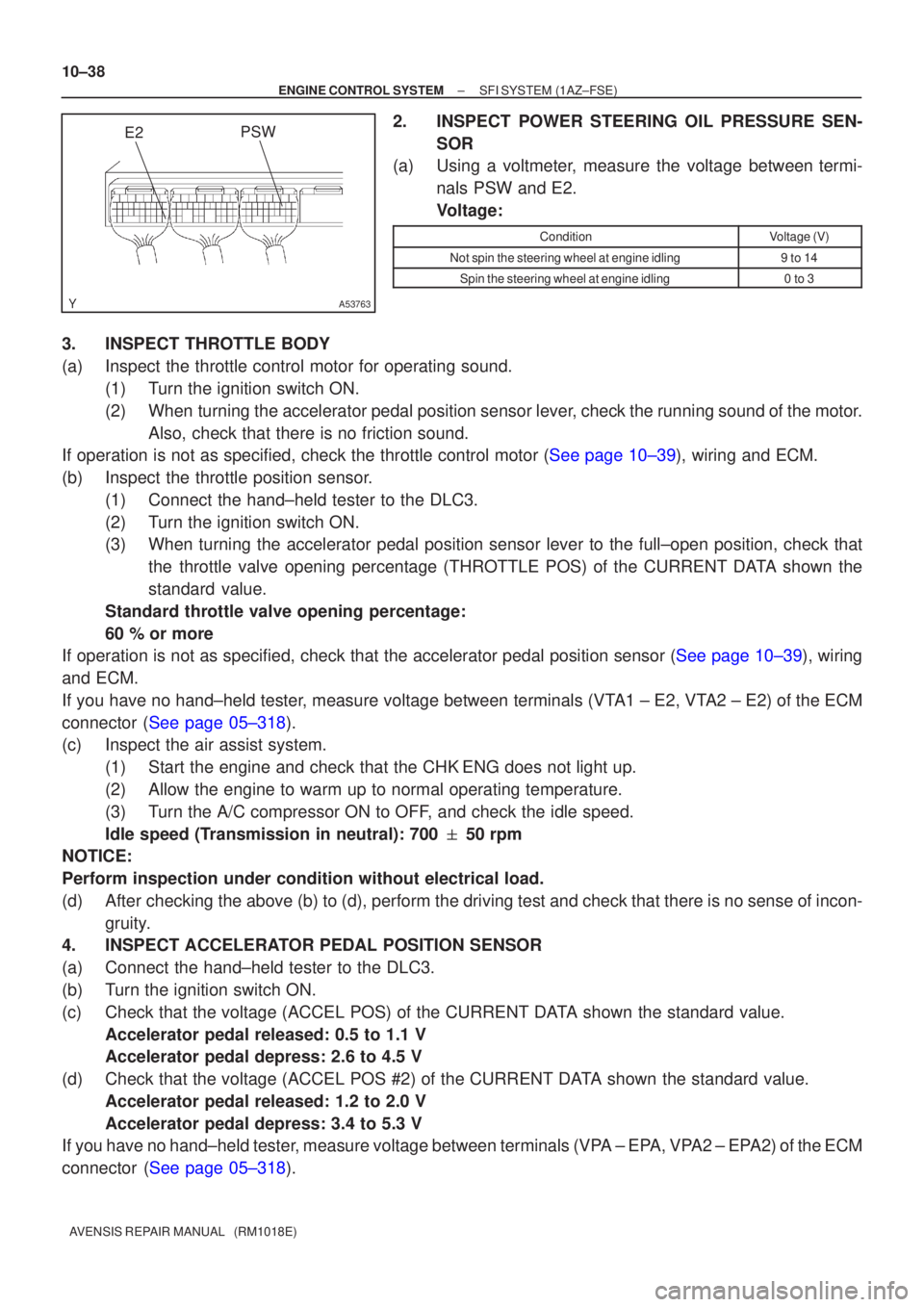 TOYOTA AVENSIS 2002 Repair Manual A53763
E2PSW
10±38
±
ENGINE CONTROL SYSTEM SFI SYSTEM(1AZ±FSE)
AVENSIS REPAIR MANUAL (RM1018E)
2.INSPECT POWER STEERING OIL PRESSURE SEN- SOR
(a)Using a voltmeter, measure the voltage between ter TOYOTA AVENSIS 2002 Repair Manual A53763
E2PSW
10±38
±
ENGINE CONTROL SYSTEM SFI SYSTEM(1AZ±FSE)
AVENSIS REPAIR MANUAL (RM1018E)
2.INSPECT POWER STEERING OIL PRESSURE SEN- SOR
(a)Using a voltmeter, measure the voltage between ter