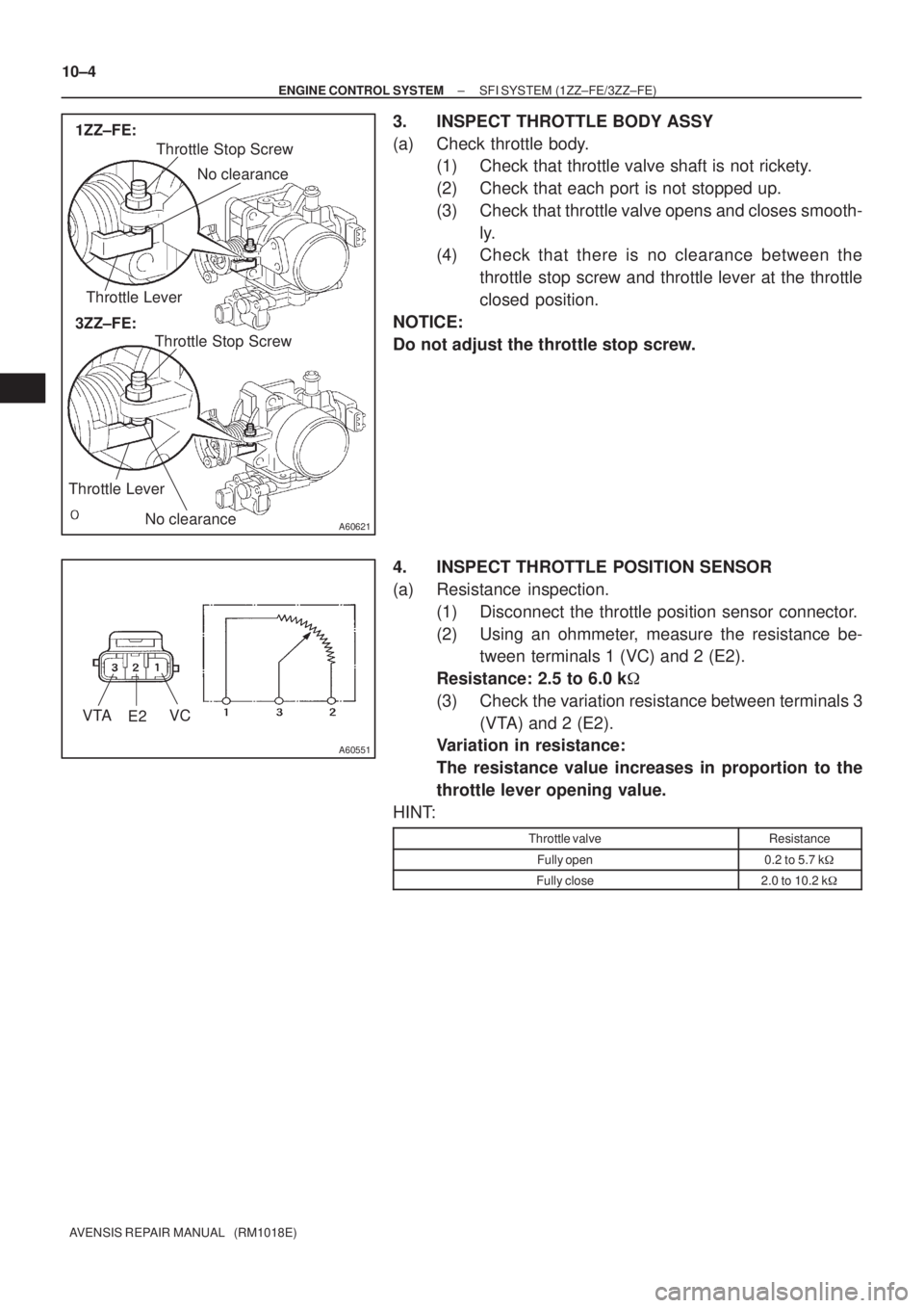 TOYOTA AVENSIS 2002 Repair Manual A60621
3ZZ±FE: 1ZZ±FE:
Throttle Stop Screw
Throttle Lever
Throttle Stop Screw
Throttle Lever
No clearance
No clearance
A60551
VTA
E2VC
10±4
± ENGINE CONTROL SYSTEMSFI SYSTEM (1ZZ±FE/3ZZ±FE)
AVEN TOYOTA AVENSIS 2002 Repair Manual A60621
3ZZ±FE: 1ZZ±FE:
Throttle Stop Screw
Throttle Lever
Throttle Stop Screw
Throttle Lever
No clearance
No clearance
A60551
VTA
E2VC
10±4
± ENGINE CONTROL SYSTEMSFI SYSTEM (1ZZ±FE/3ZZ±FE)
AVEN