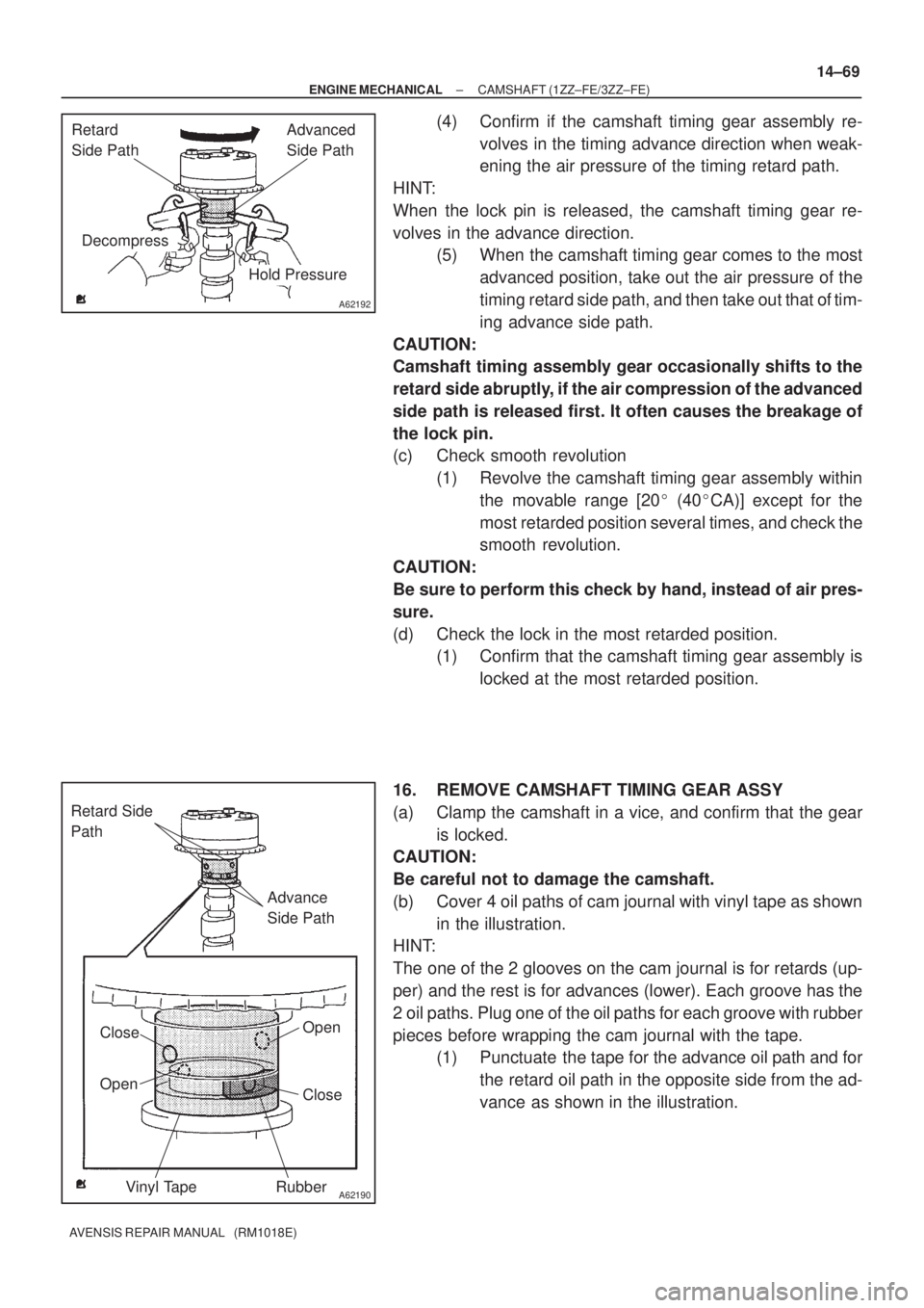 TOYOTA AVENSIS 2002 Repair Manual A62192
Hold Pressure
DecompressAdvanced
Side Path Retard
Side Path
A62190
Advance
Side Path Retard Side
Path
Open
Close
Rubber Vinyl Tape Open Close
± ENGINE MECHANICALCAMSHAFT (1ZZ±FE/3ZZ±FE)
TOYOTA AVENSIS 2002 Repair Manual A62192
Hold Pressure
DecompressAdvanced
Side Path Retard
Side Path
A62190
Advance
Side Path Retard Side
Path
Open
Close
Rubber Vinyl Tape Open Close
± ENGINE MECHANICALCAMSHAFT (1ZZ±FE/3ZZ±FE)