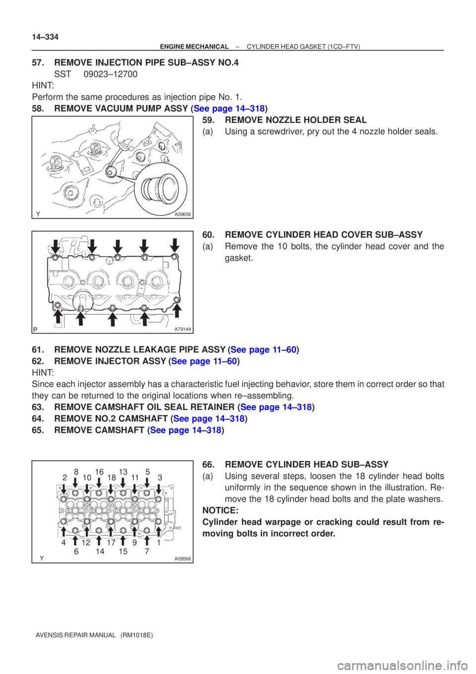 TOYOTA AVENSIS 2002 Repair Manual A09656
A79144
A09566
1
234 5
67 89
1011
12 13
1415
16
1718
14±334
±
ENGINE MECHANICAL CYLINDER HEAD GASKET(1CD±FTV)
AVENSIS REPAIR MANUAL (RM1018E)
57.REMOVE INJECTION PIPE SUB±ASSY NO.4 SST0902 TOYOTA AVENSIS 2002 Repair Manual A09656
A79144
A09566
1
234 5
67 89
1011
12 13
1415
16
1718
14±334
±
ENGINE MECHANICAL CYLINDER HEAD GASKET(1CD±FTV)
AVENSIS REPAIR MANUAL (RM1018E)
57.REMOVE INJECTION PIPE SUB±ASSY NO.4 SST0902